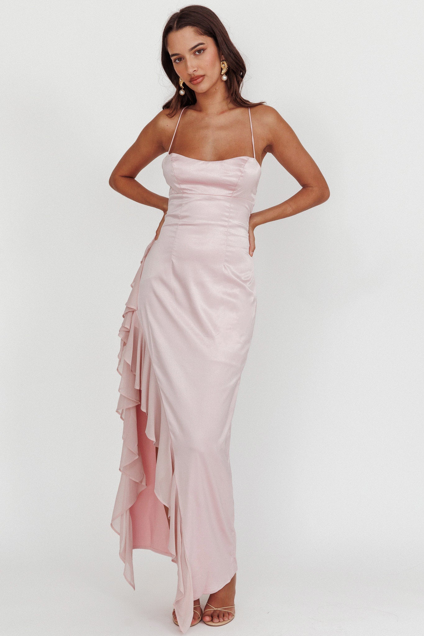 Katarina Satin Ruffle Hem Maxi Dress by Selfie Leslie Australia