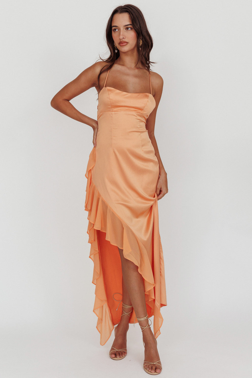 Katarina Satin Ruffle Hem Maxi Dress Mango by Selfie Leslie Australia