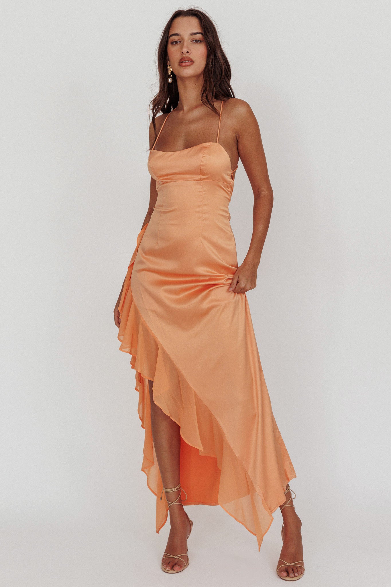 Katarina Satin Ruffle Hem Maxi Dress Mango by Selfie Leslie Australia