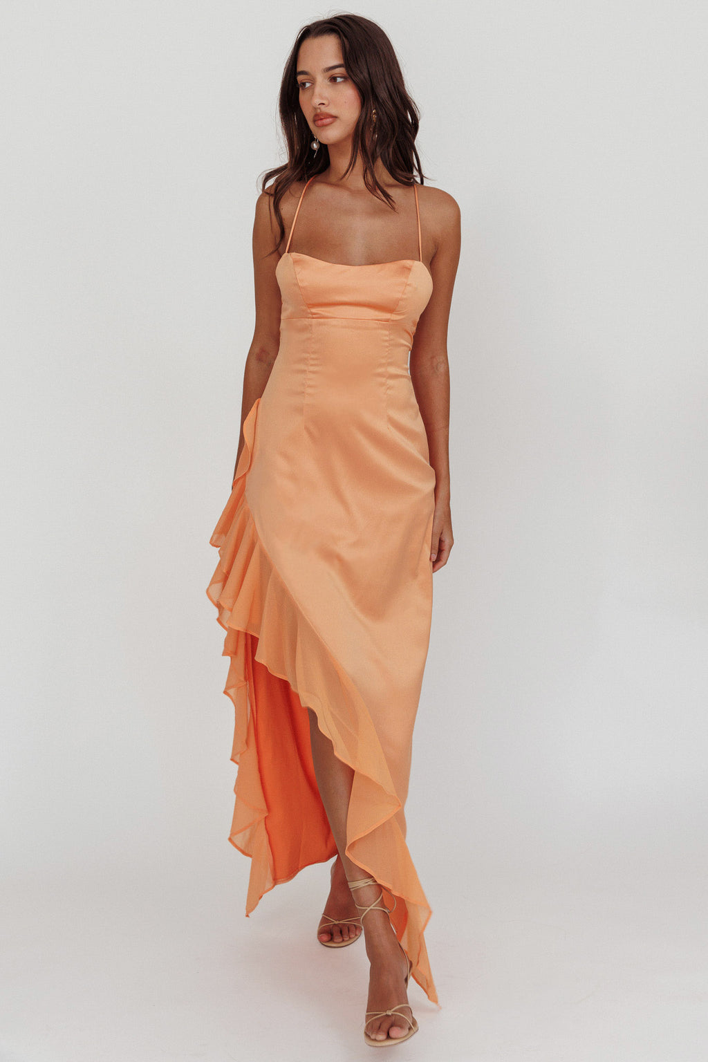Katarina Satin Ruffle Hem Maxi Dress Mango by Selfie Leslie Australia