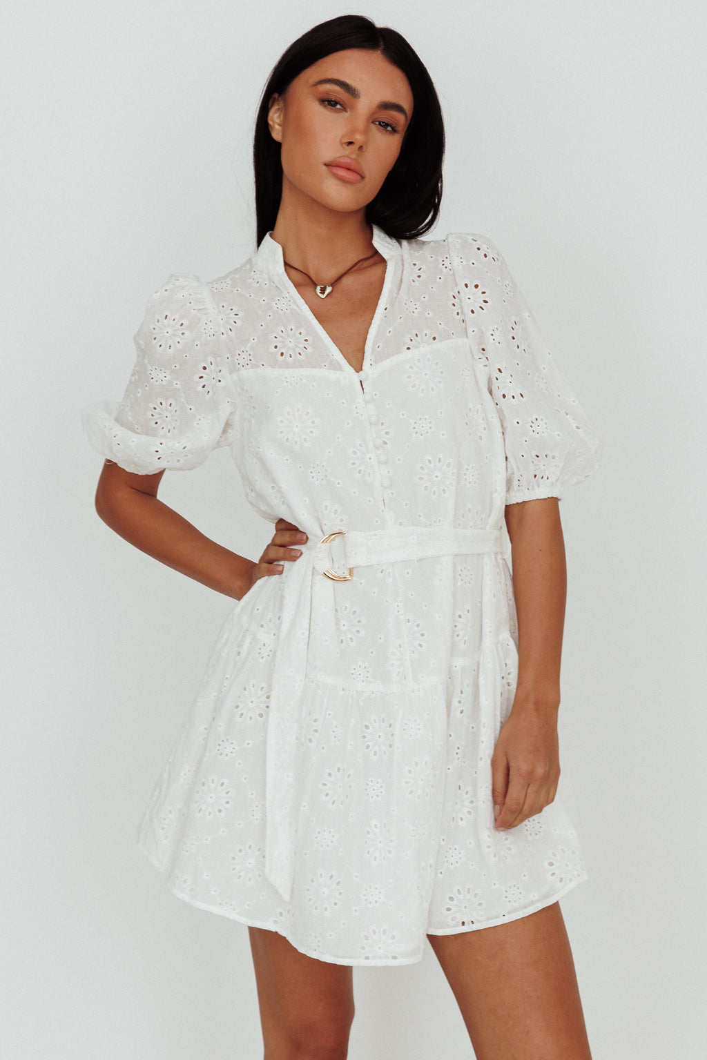 Serita Belted Puff Sleeve Eyelet Mini Dress White by Selfie Leslie Australia