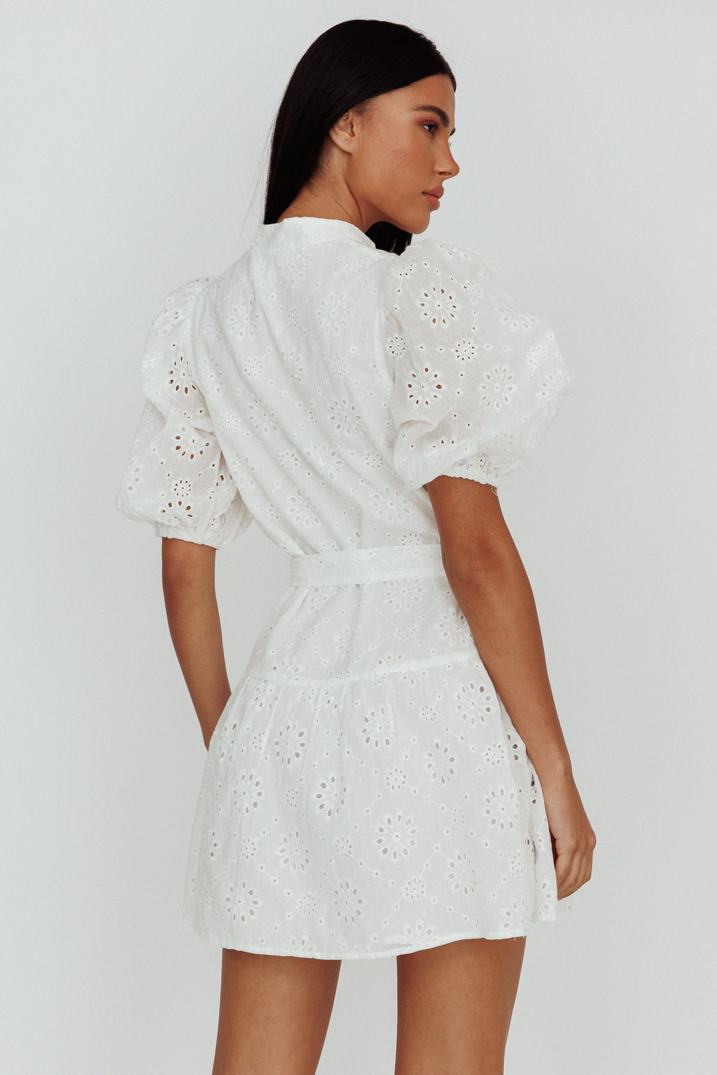 Serita Belted Puff Sleeve Eyelet Mini Dress White by Selfie Leslie Australia