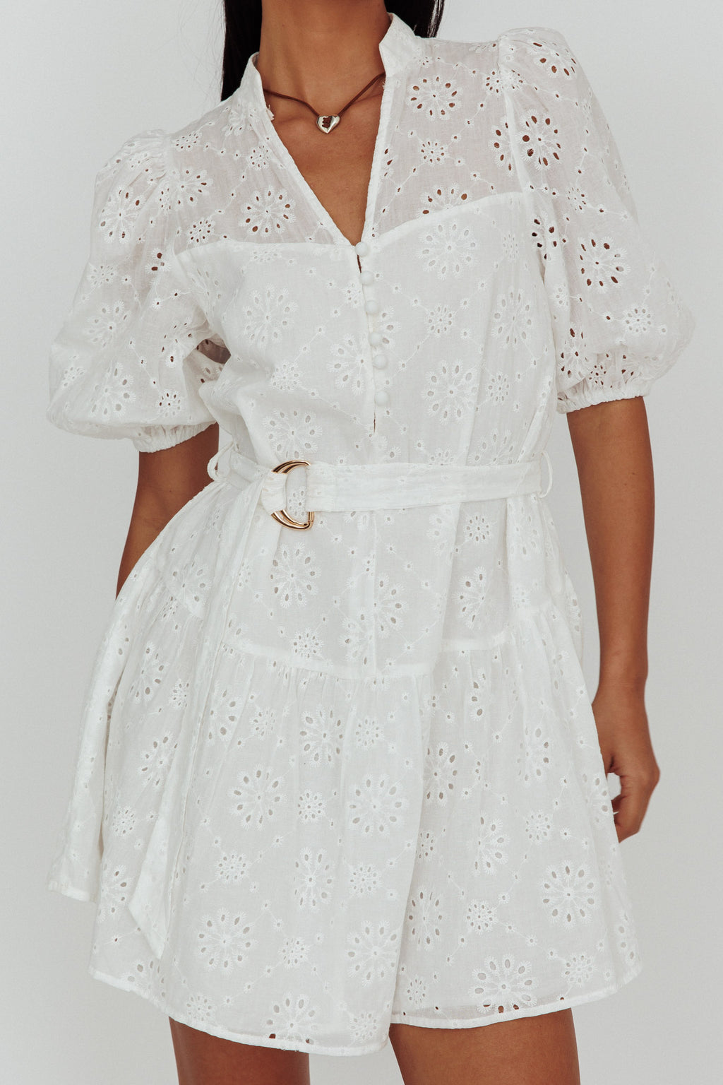 Serita Belted Puff Sleeve Eyelet Mini Dress White by Selfie Leslie Australia
