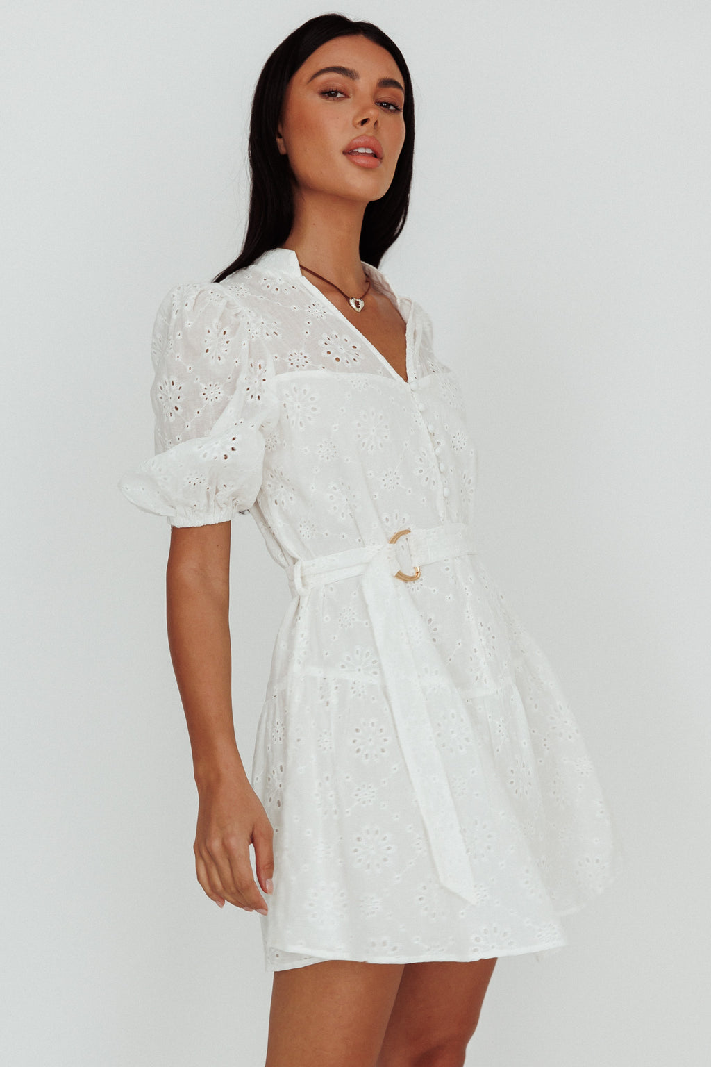 Serita Belted Puff Sleeve Eyelet Mini Dress White by Selfie Leslie Australia