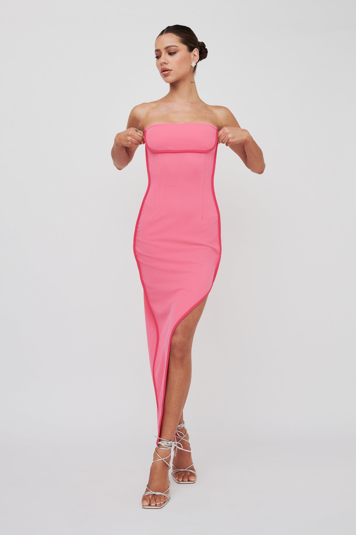 October Strapless Piping Midi Dress Hot Pink by Selfie Leslie Australia