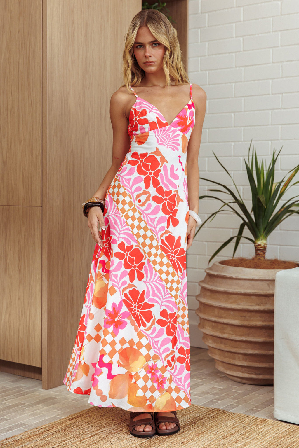 Jaya Floral A-line Maxi Dress Checker Orange by Selfie Leslie Australia