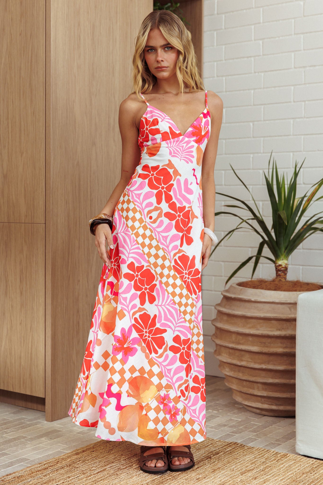 Jaya Floral A-line Maxi Dress Checker Orange by Selfie Leslie Australia