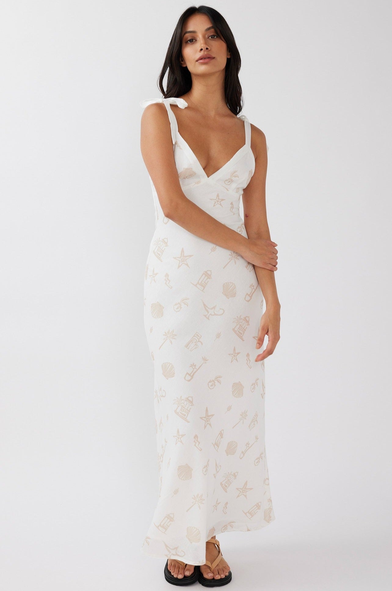 Jaya Tied Shoulder Maxi Dress Print Beige by Selfie Leslie Australia