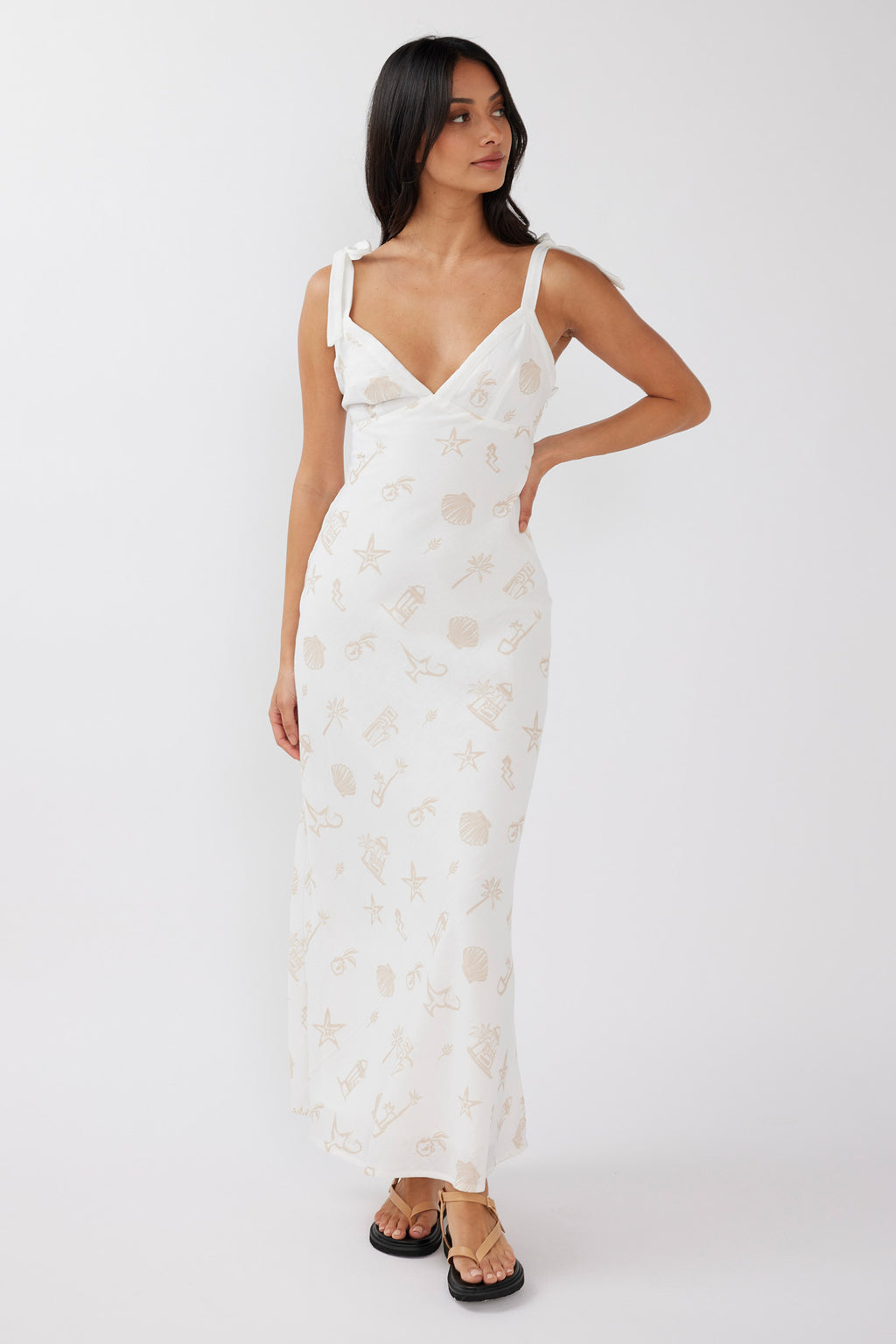Jaya Tied Shoulder Maxi Dress Print Beige by Selfie Leslie Australia