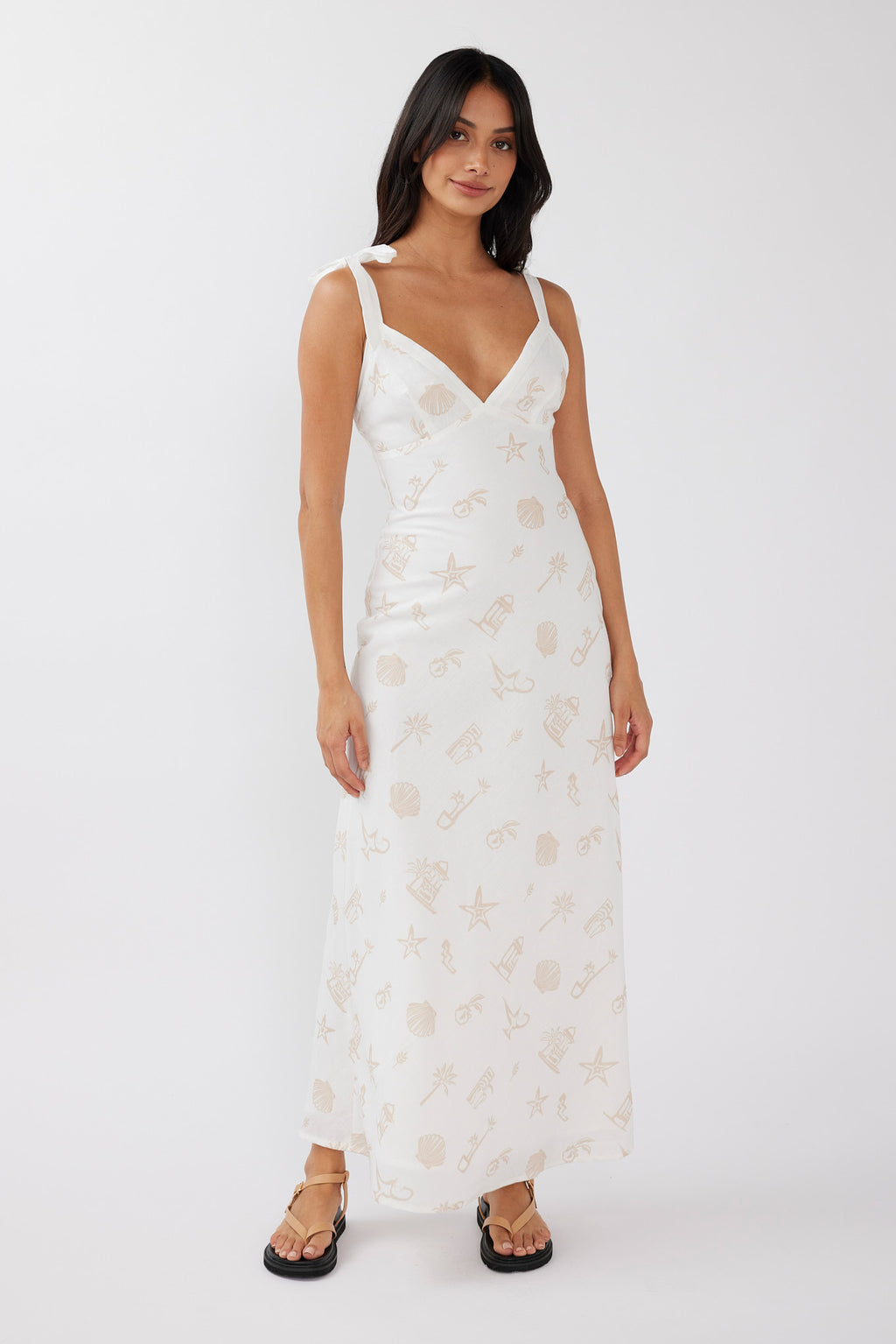 Jaya Tied Shoulder Maxi Dress Print Beige by Selfie Leslie Australia