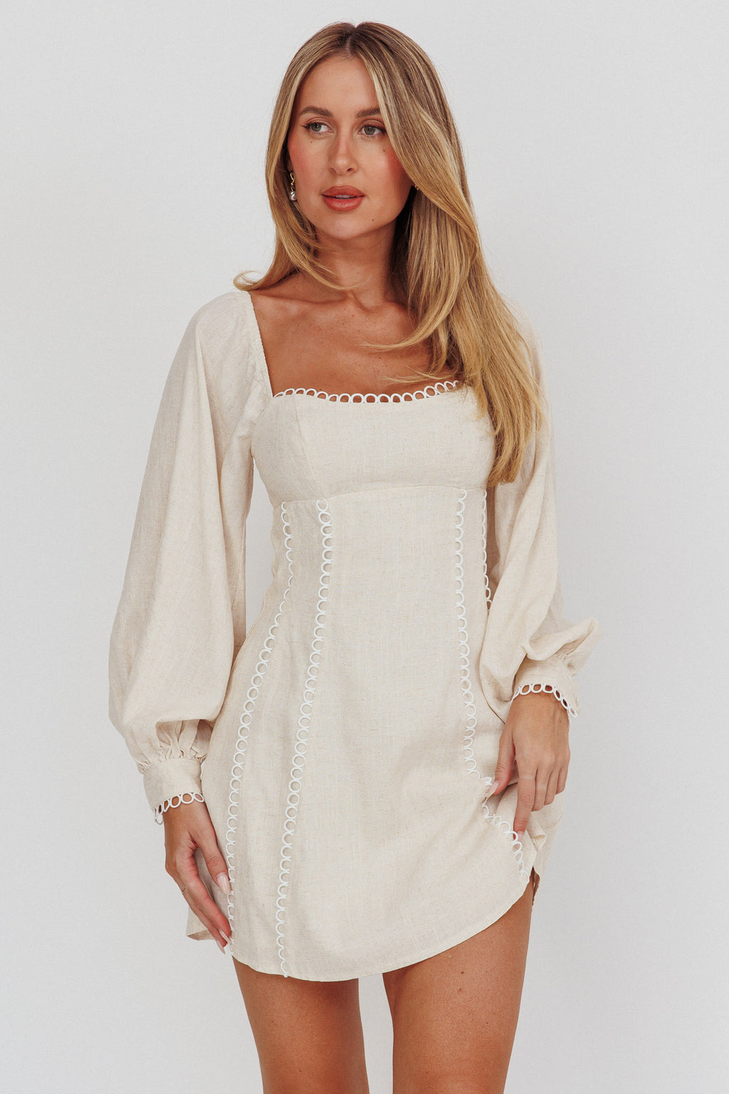Chamberlain Balloon Sleeves Mini Dress Beige by Selfie Leslie Australia