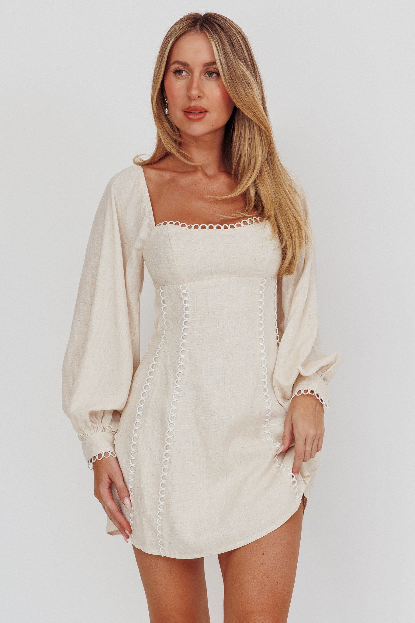 Chamberlain Balloon Sleeves Mini Dress Beige by Selfie Leslie Australia