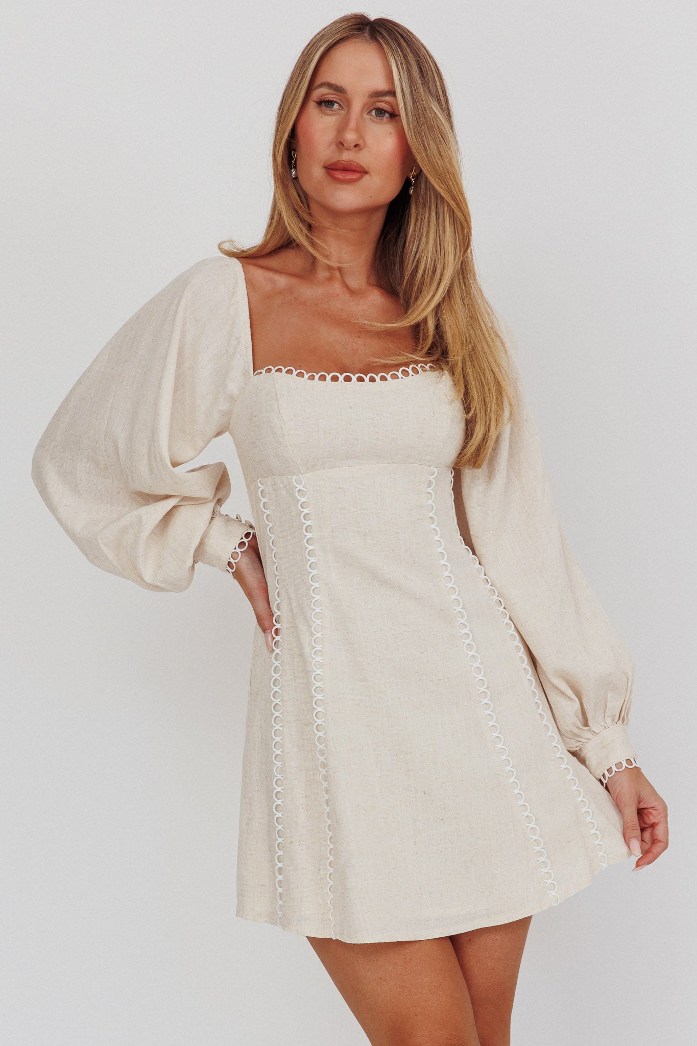 Chamberlain Balloon Sleeves Mini Dress Beige by Selfie Leslie Australia