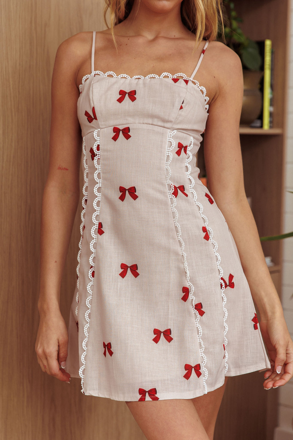 Chamberlain Scallop Trim Mini Dress Red Bow by Selfie Leslie Australia