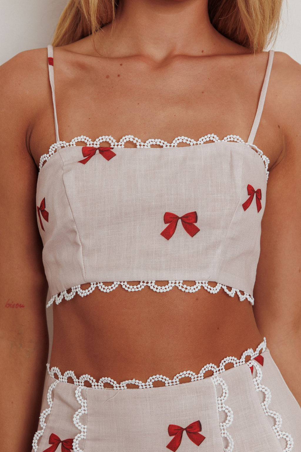 Chamberlain Scallop Trim Crop Top Red Bow by Selfie Leslie Australia