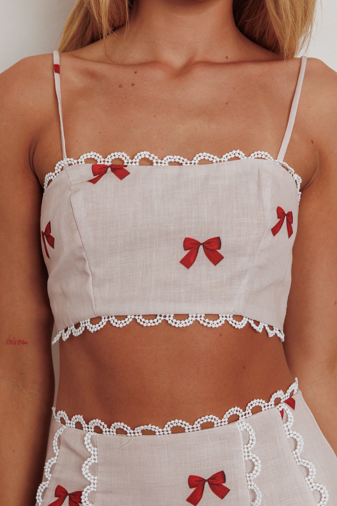 Chamberlain Scallop Trim Crop Top Red Bow by Selfie Leslie Australia