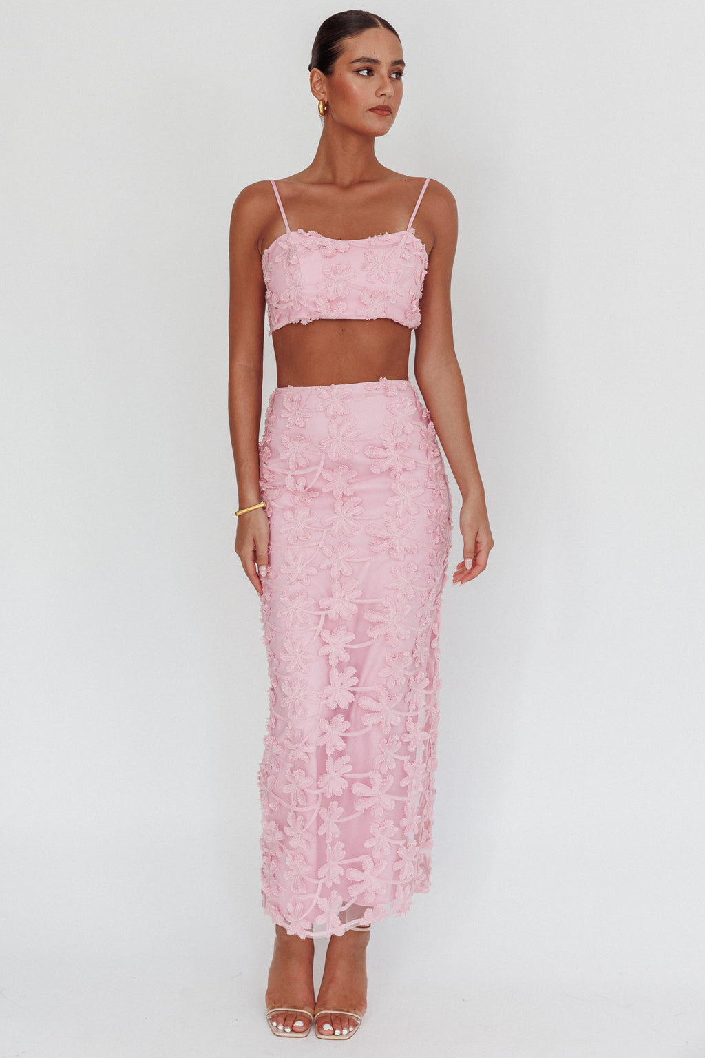 Casi Palm Tree Embroidered Maxi Skirt Baby Pink by Selfie Leslie Australia