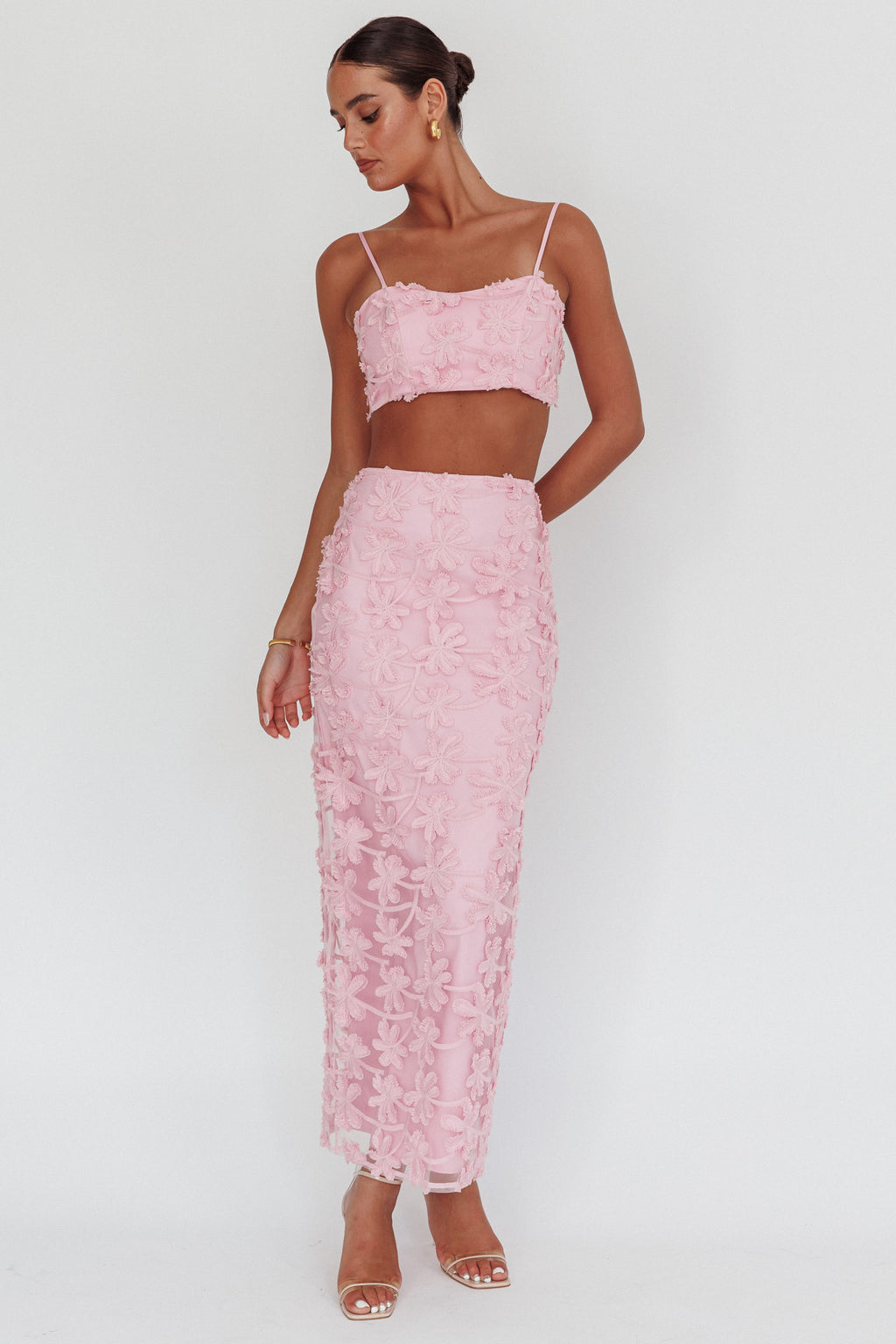 Casi Palm Tree Embroidered Maxi Skirt Baby Pink by Selfie Leslie Australia
