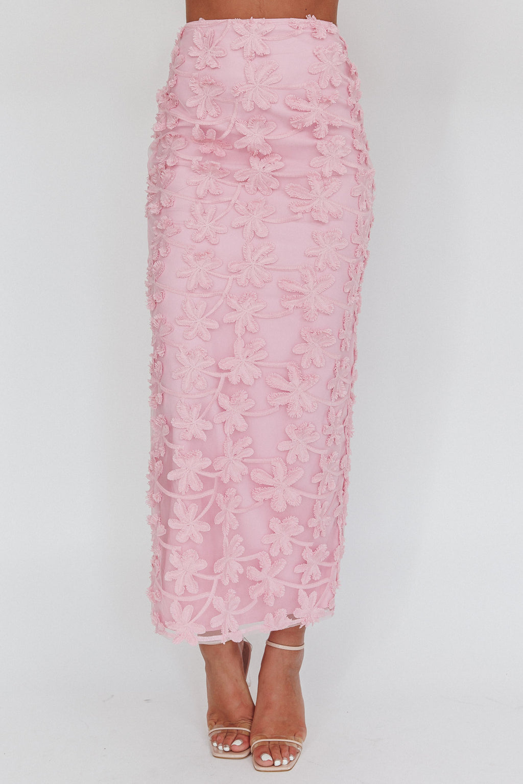 Casi Palm Tree Embroidered Maxi Skirt Baby Pink by Selfie Leslie Australia