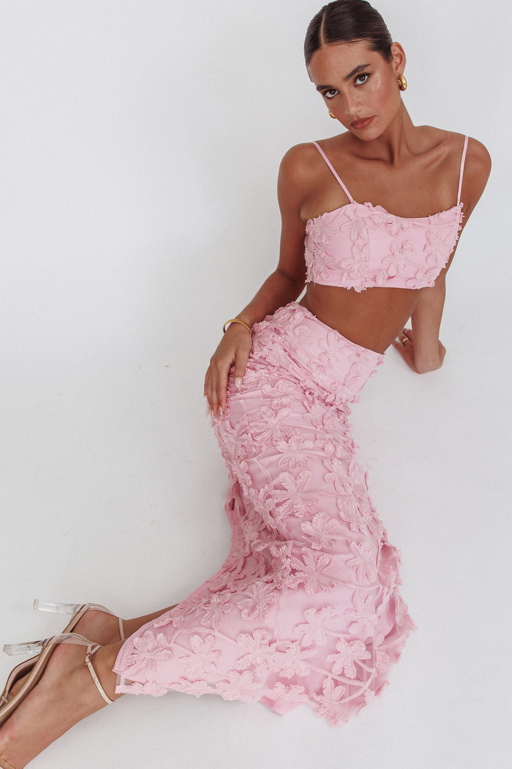 Casi Palm Tree Embroidered Maxi Skirt Baby Pink by Selfie Leslie Australia
