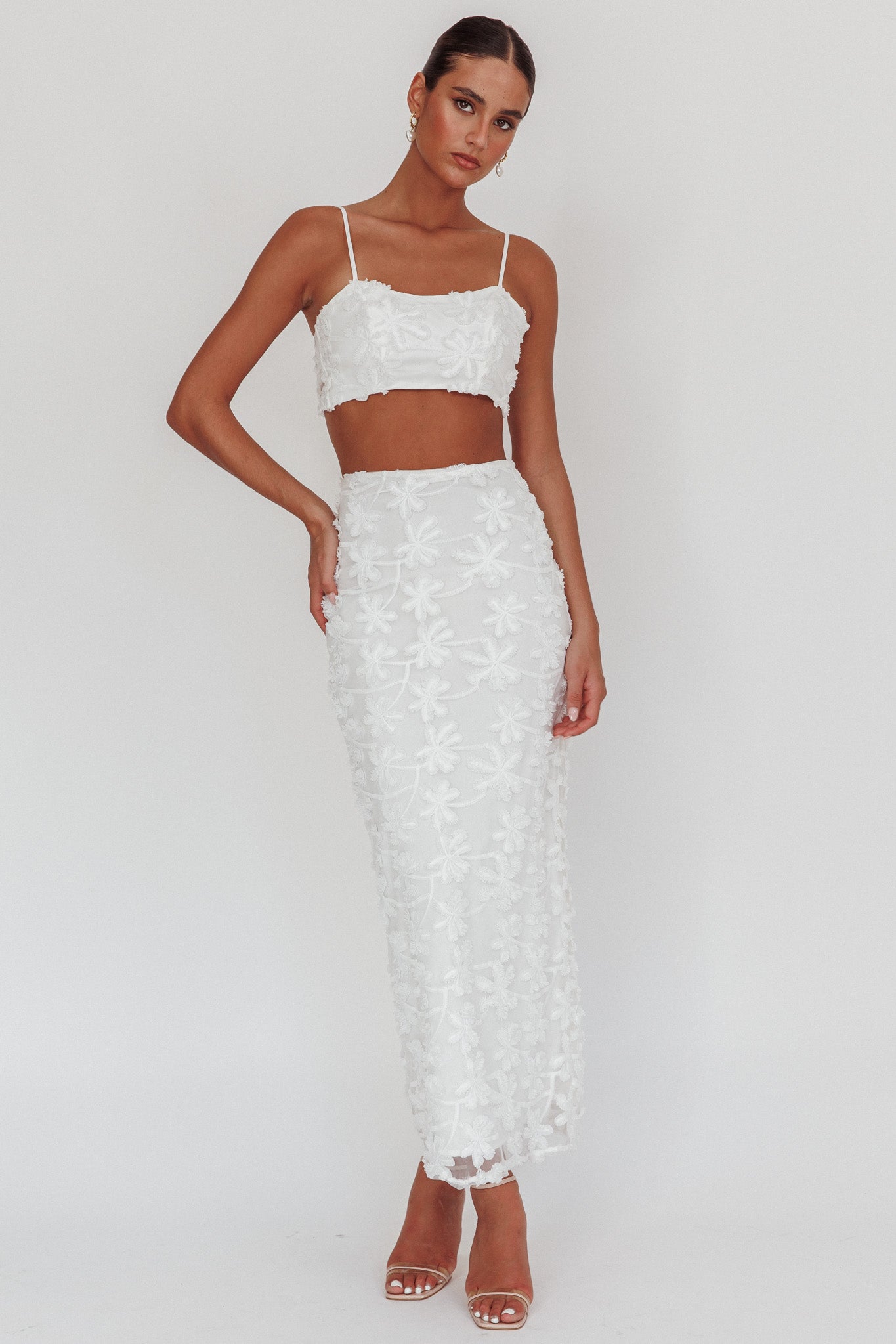 Casi Palm Tree Embroidered Maxi Skirt White by Selfie Leslie Australia