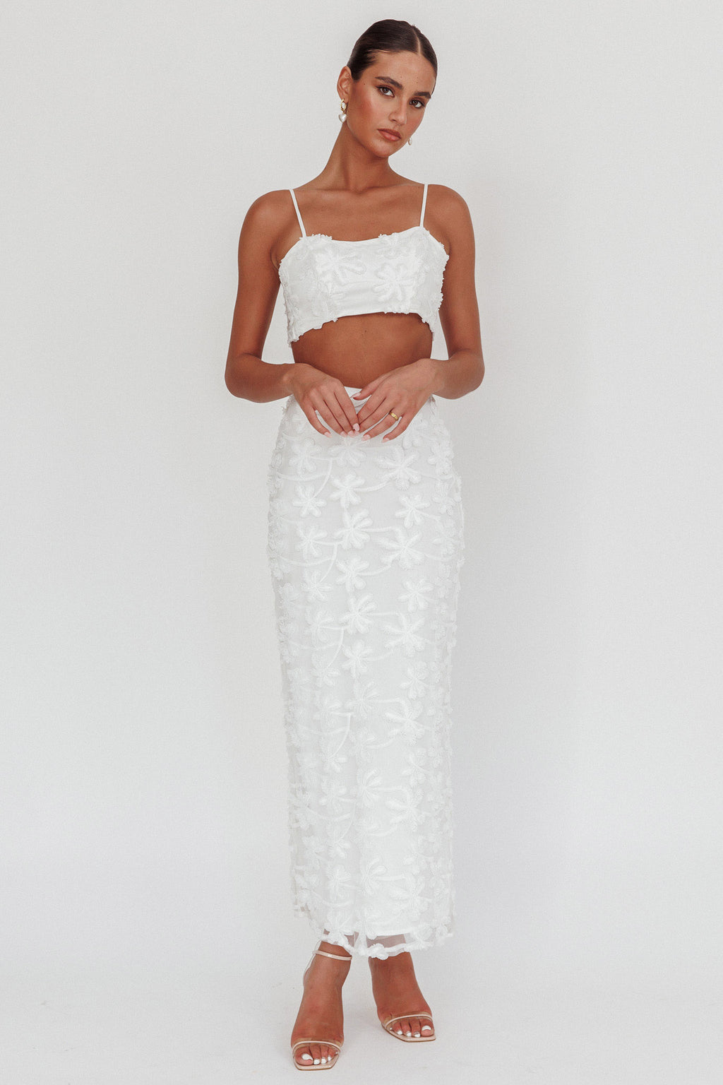 Casi Palm Tree Embroidered Maxi Skirt White by Selfie Leslie Australia