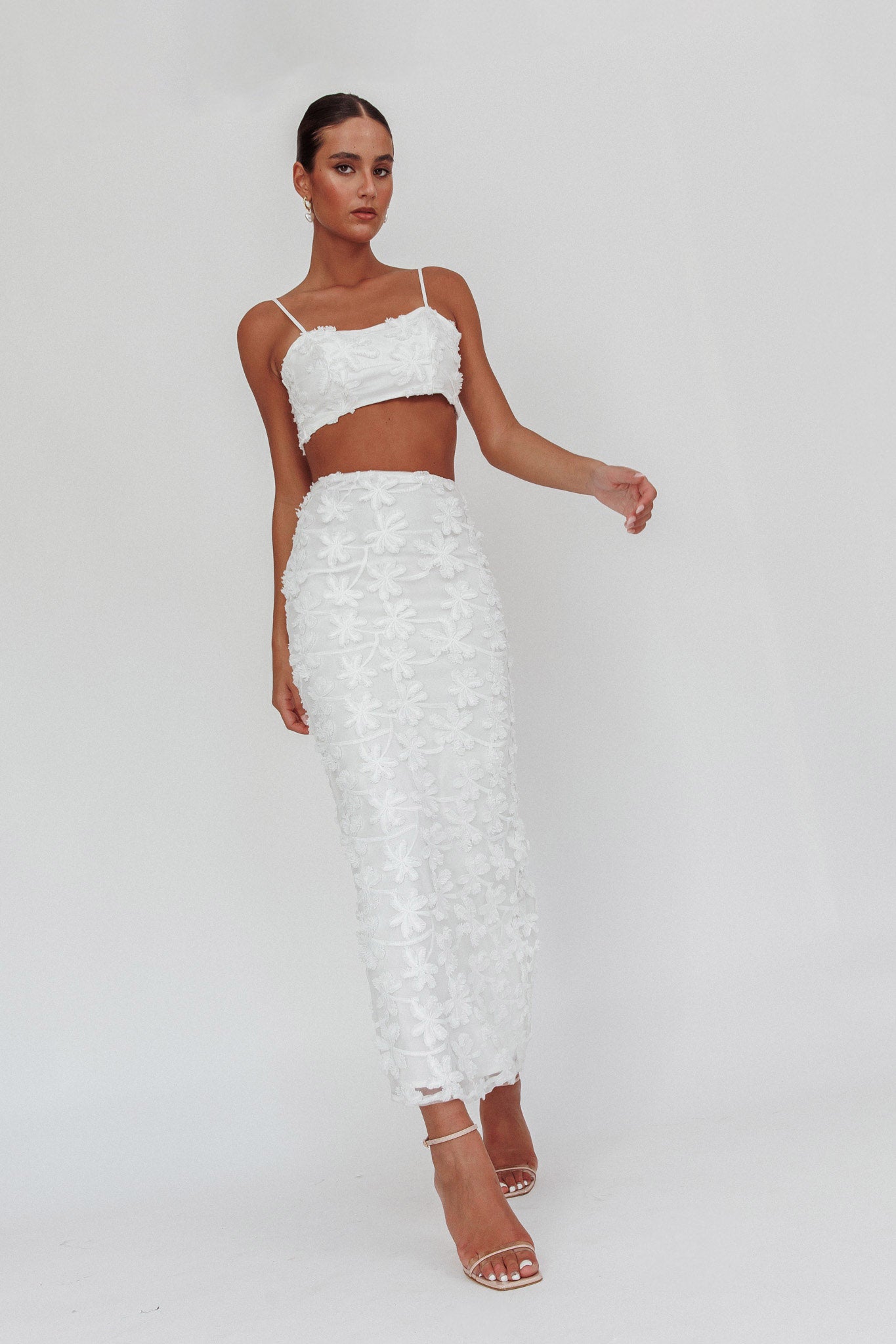 Casi Palm Tree Embroidered Maxi Skirt White by Selfie Leslie Australia
