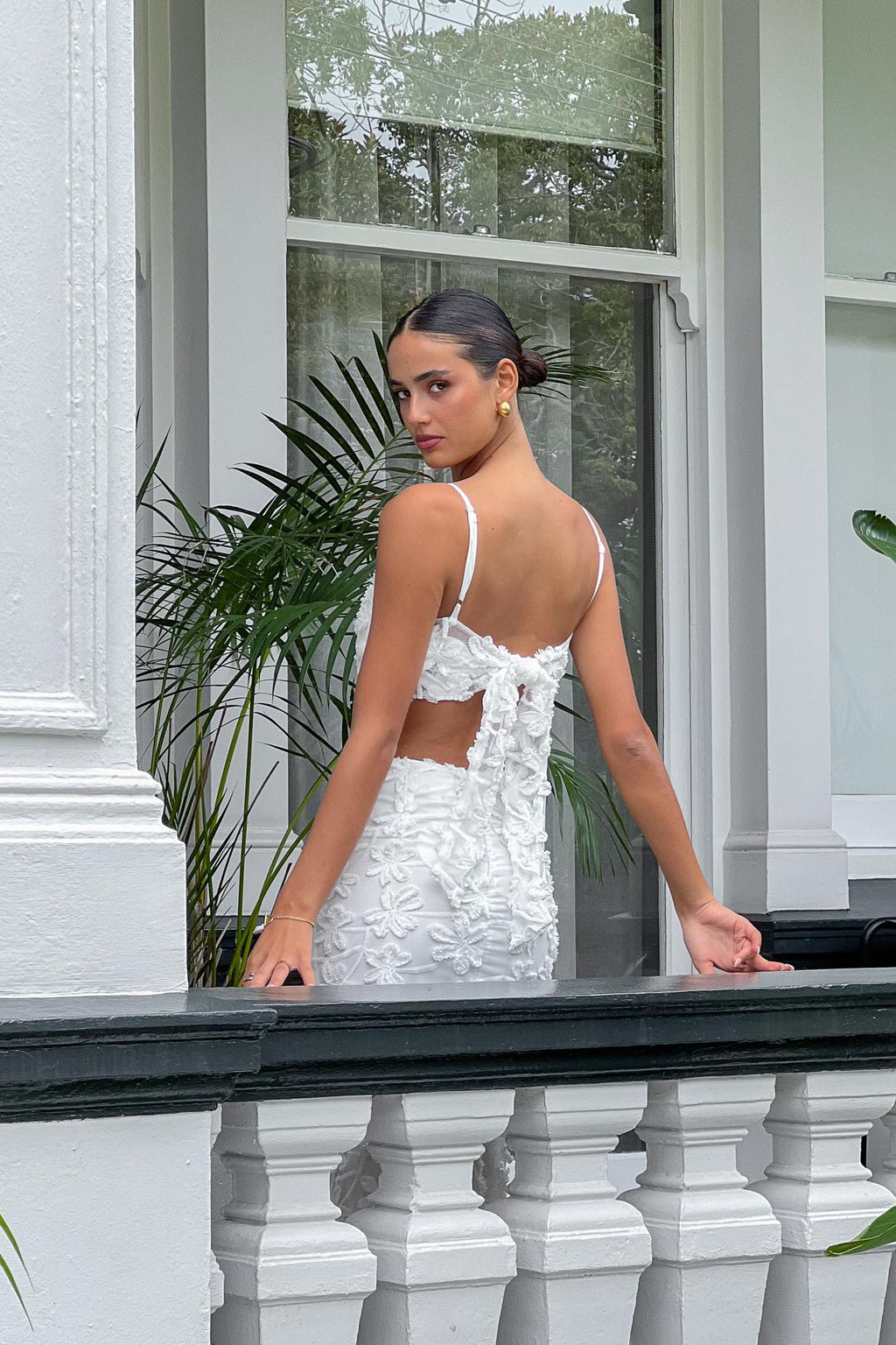 Casi Tied Back Crop Top Embroidered White by Selfie Leslie Australia