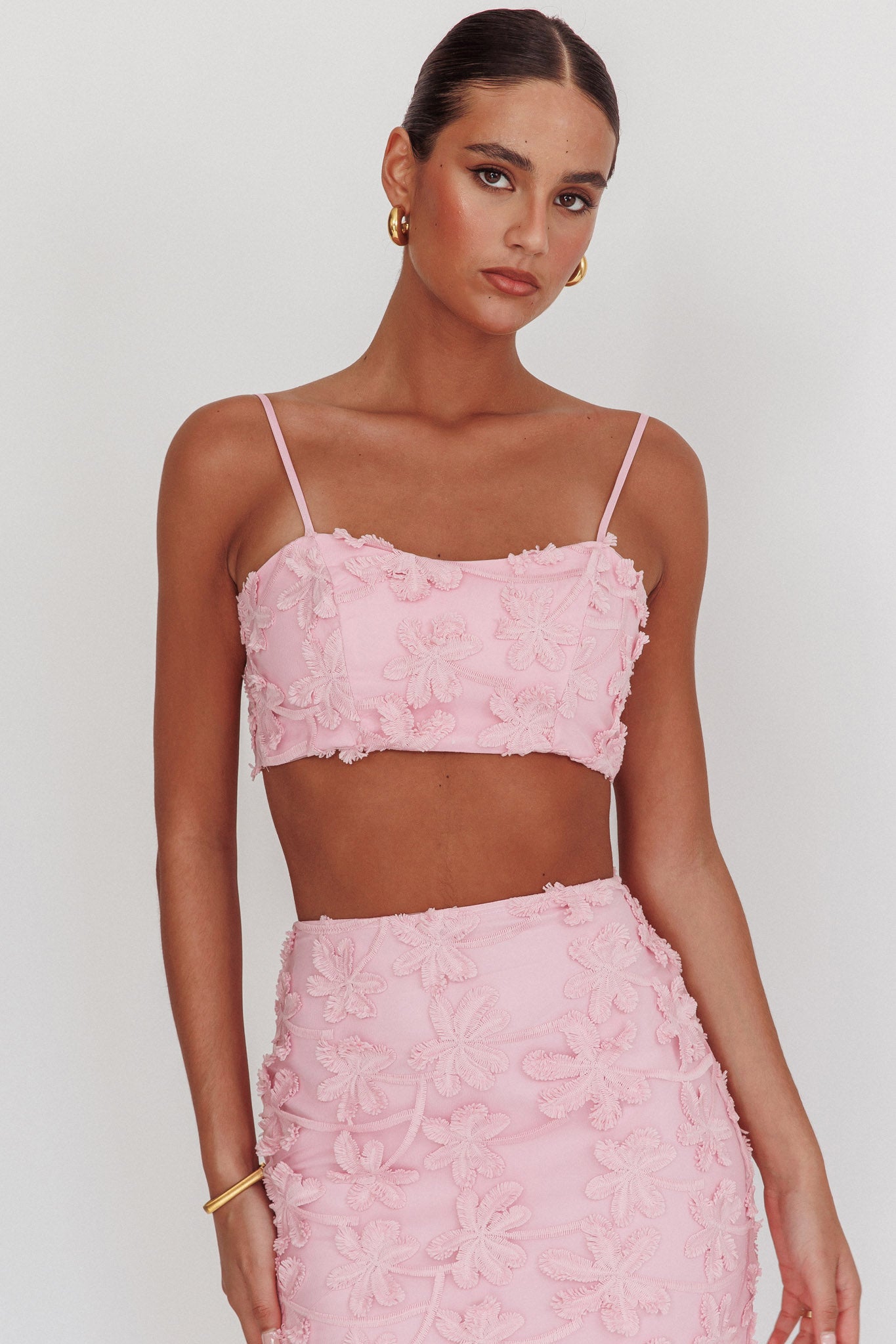 Casi Tied Back Crop Top Embroidered Baby Pink by Selfie Leslie Australia