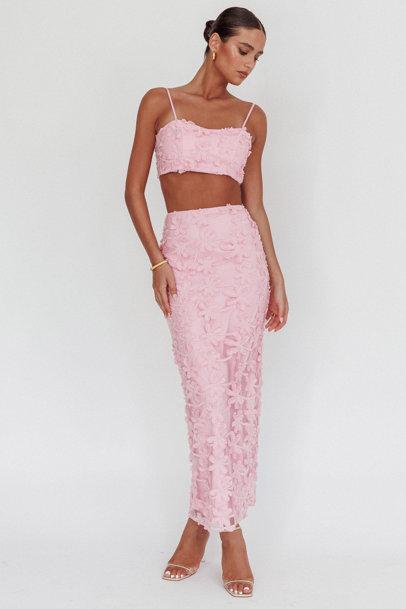 Casi Tied Back Crop Top Embroidered Baby Pink by Selfie Leslie Australia