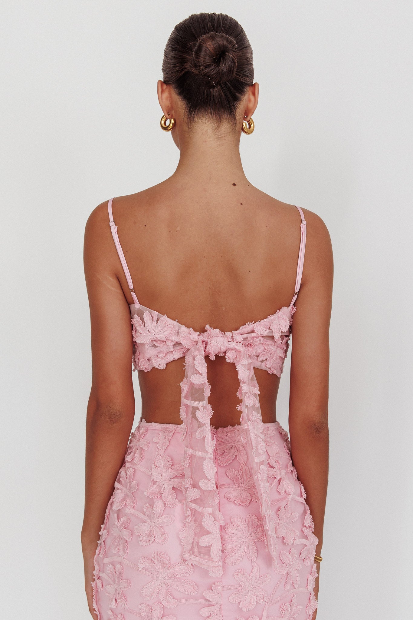 Casi Tied Back Crop Top Embroidered Baby Pink by Selfie Leslie Australia