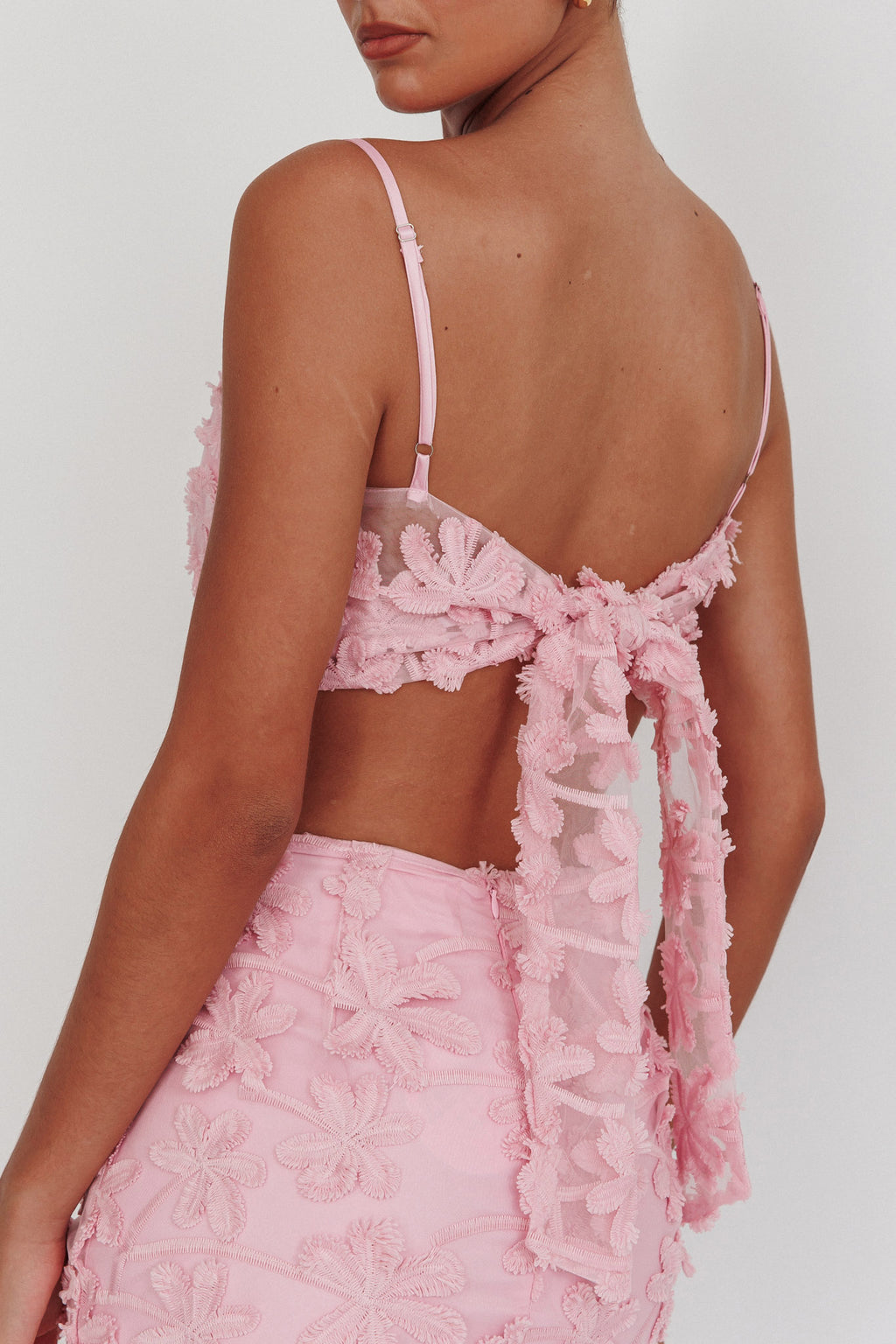 Casi Tied Back Crop Top Embroidered Baby Pink by Selfie Leslie Australia