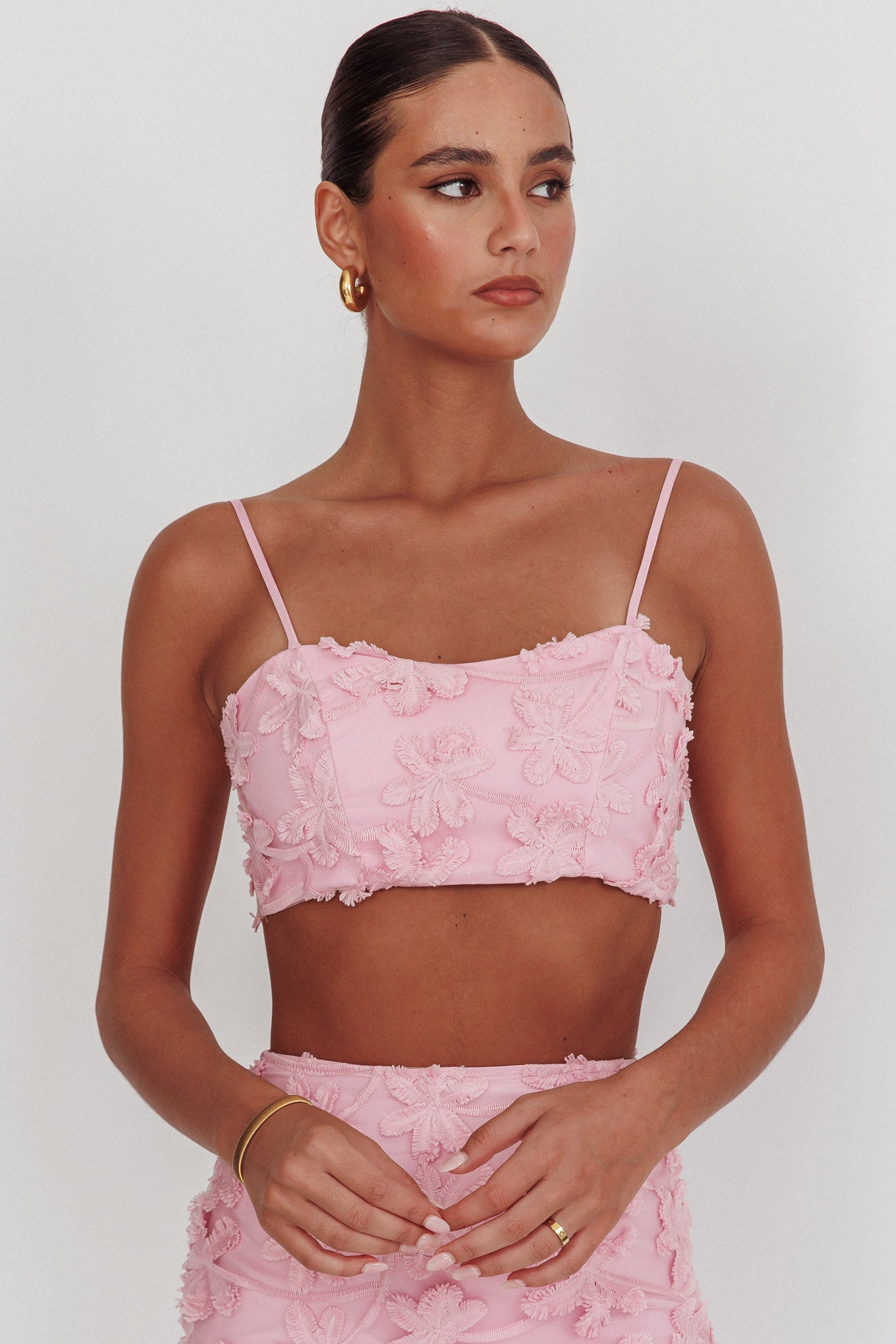 Casi Tied Back Crop Top Embroidered Baby Pink by Selfie Leslie Australia