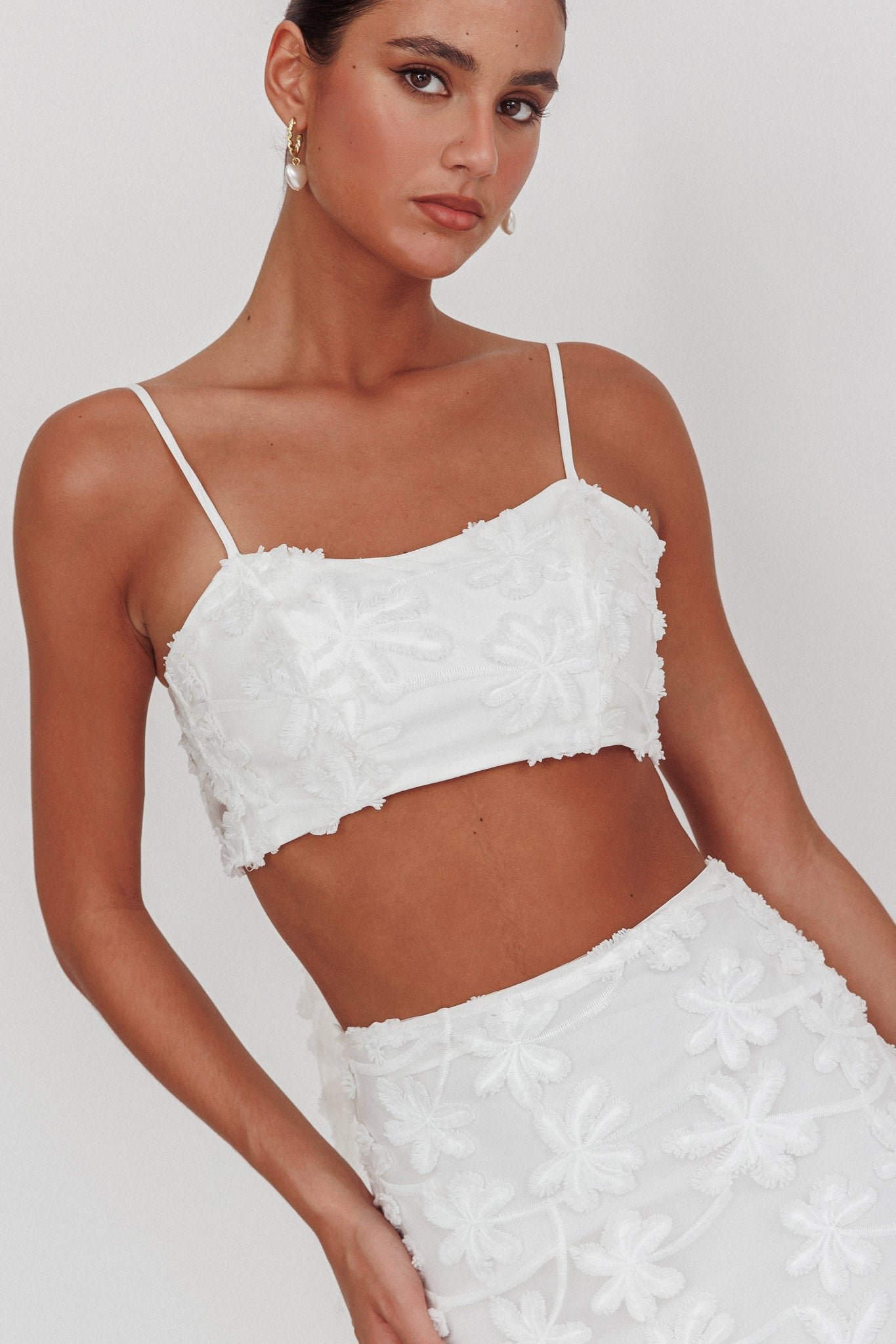 Casi Tied Back Crop Top Embroidered White by Selfie Leslie Australia