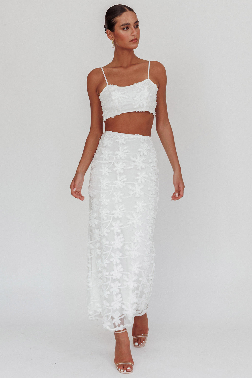 Casi Tied Back Crop Top Embroidered White by Selfie Leslie Australia