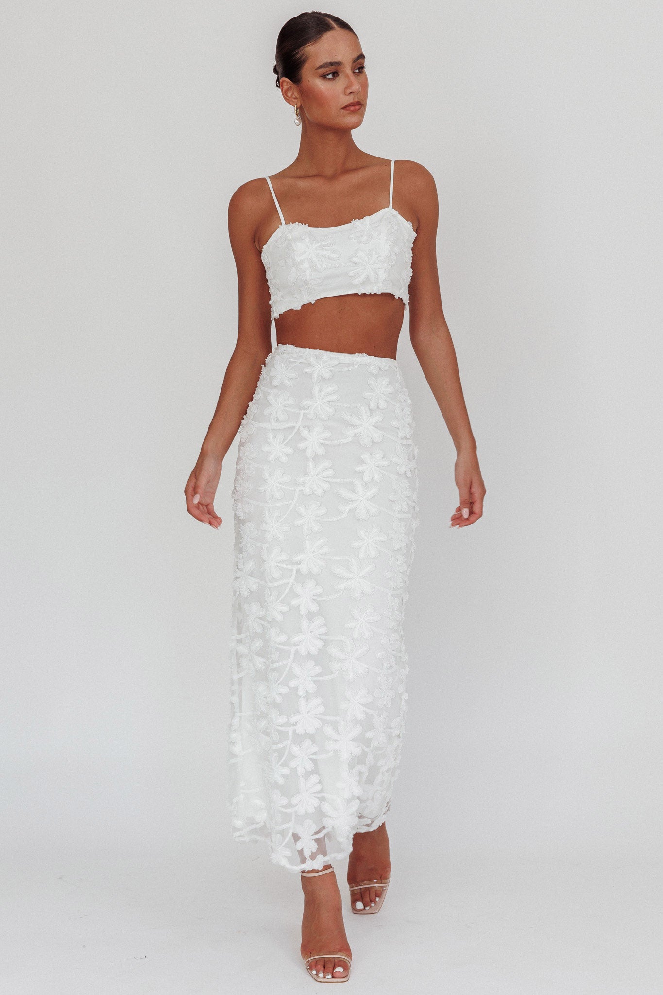 Casi Tied Back Crop Top Embroidered White by Selfie Leslie Australia