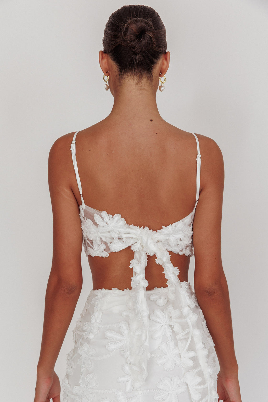 Casi Tied Back Crop Top Embroidered White by Selfie Leslie Australia