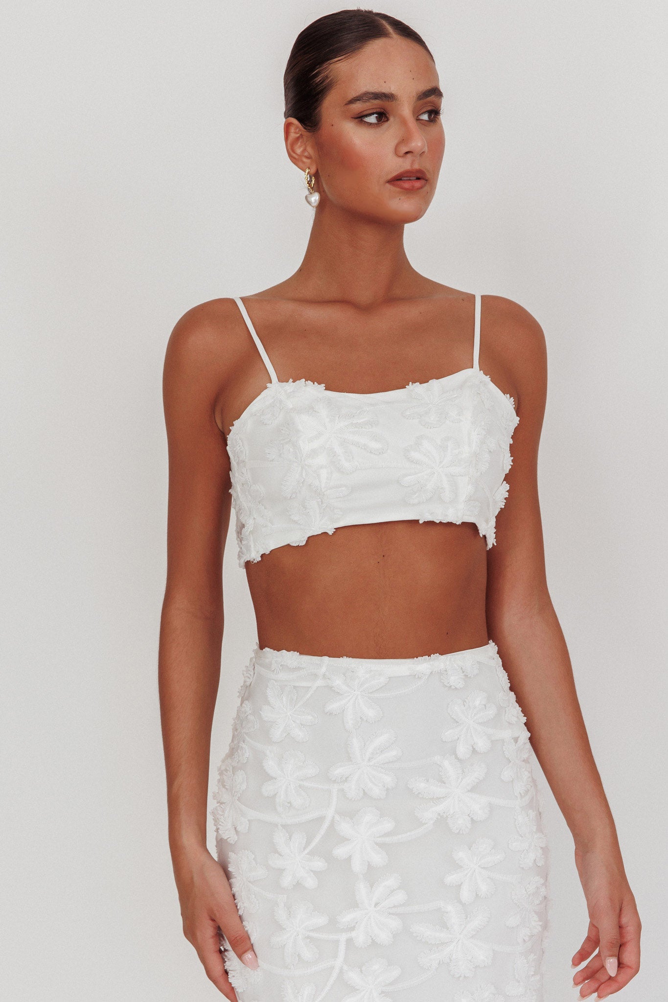 Casi Tied Back Crop Top Embroidered White by Selfie Leslie Australia