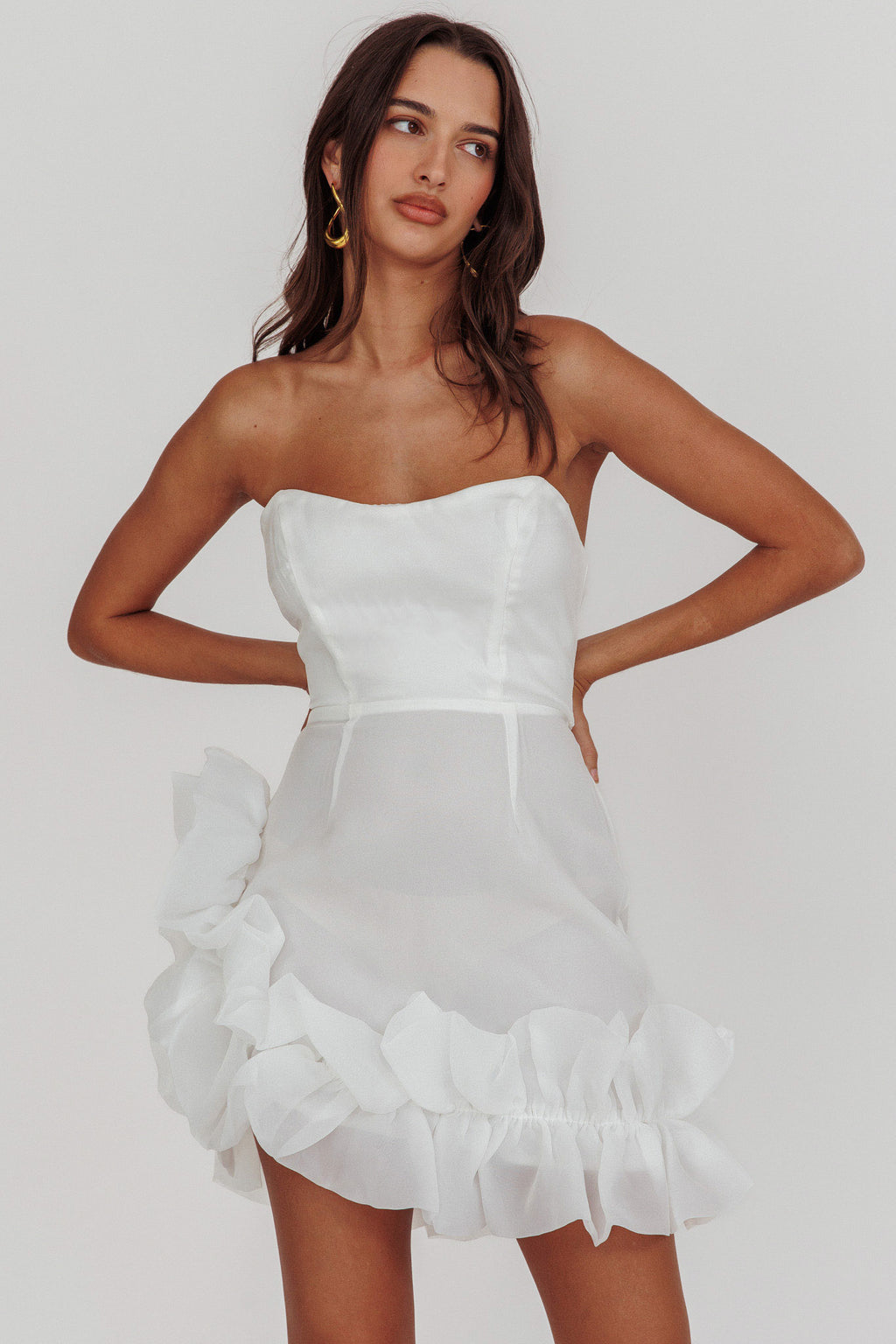 L'amour Toujours Frill Accent Mini Dress White by Selfie Leslie Australia