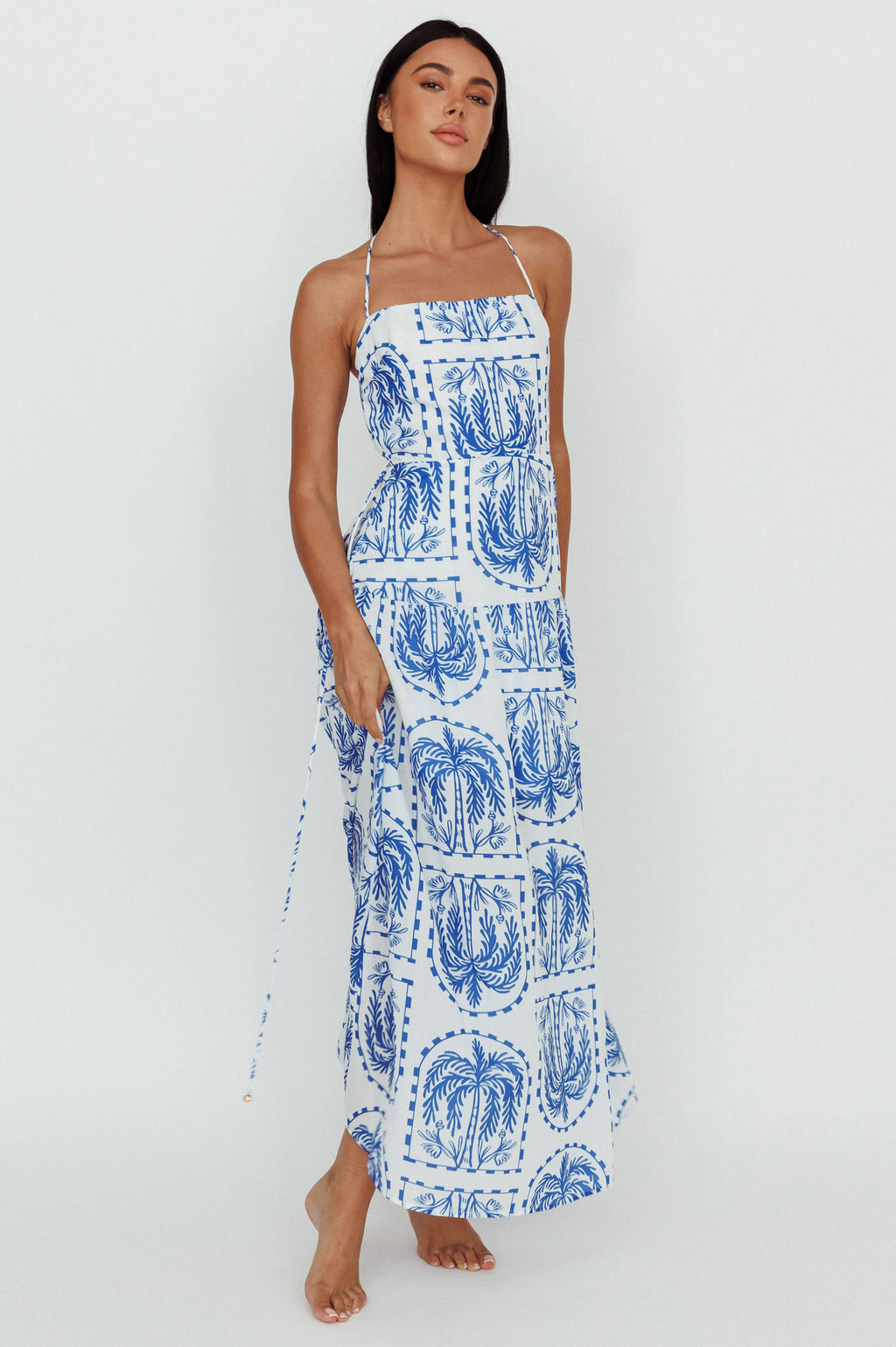 Natasia Halterneck Maxi Dress Palm Print Blue by Selfie Leslie Australia