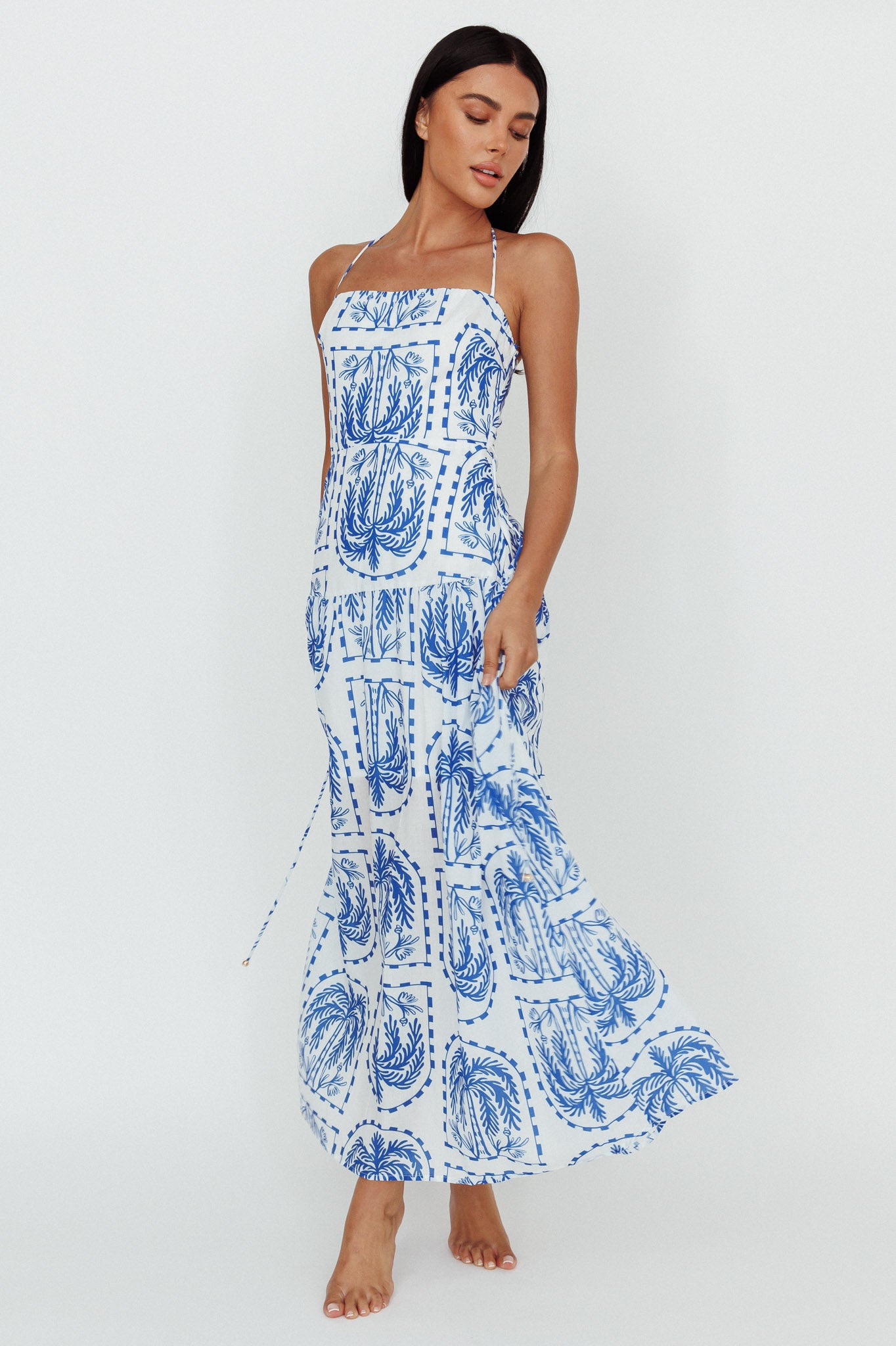 Natasia Halterneck Maxi Dress Palm Print Blue by Selfie Leslie Australia