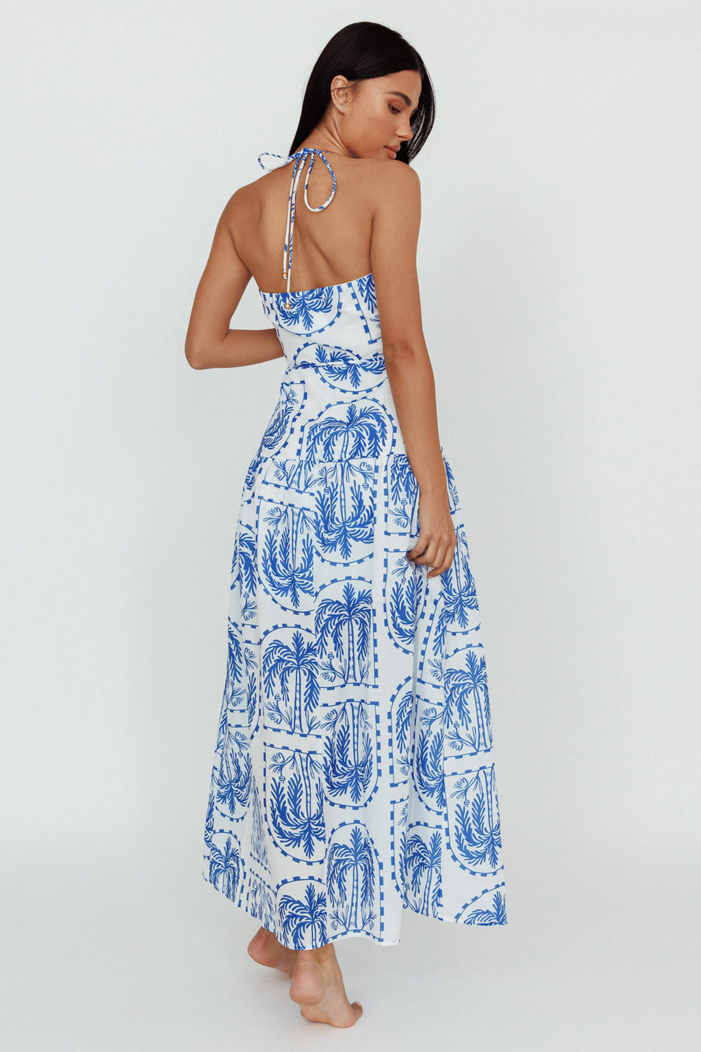 Natasia Halterneck Maxi Dress Palm Print Blue by Selfie Leslie Australia