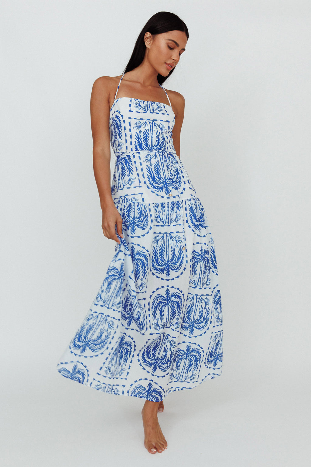 Natasia Halterneck Maxi Dress Palm Print Blue by Selfie Leslie Australia