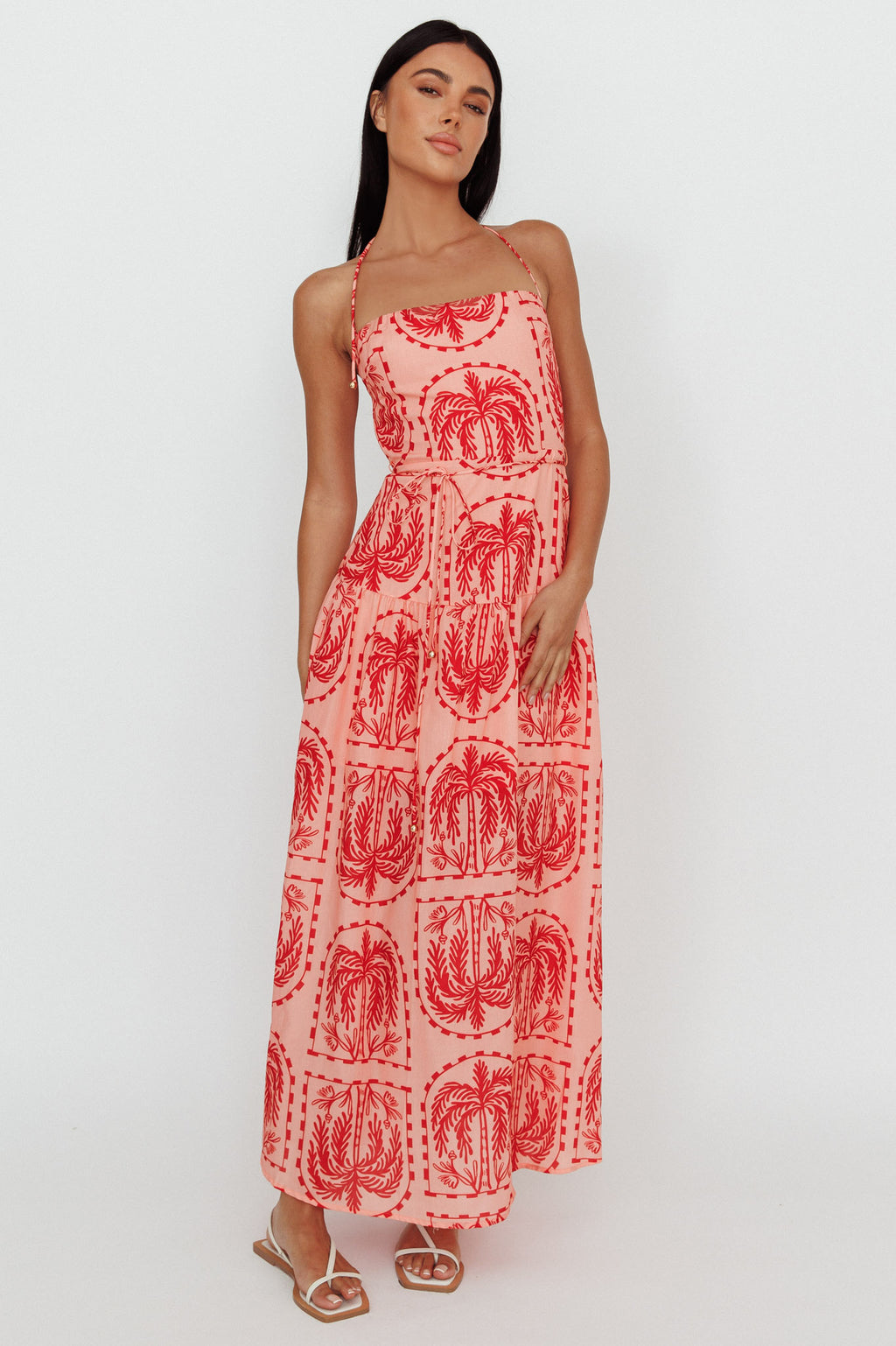 Natasia Halterneck Maxi Dress Palm Print Red by Selfie Leslie Australia