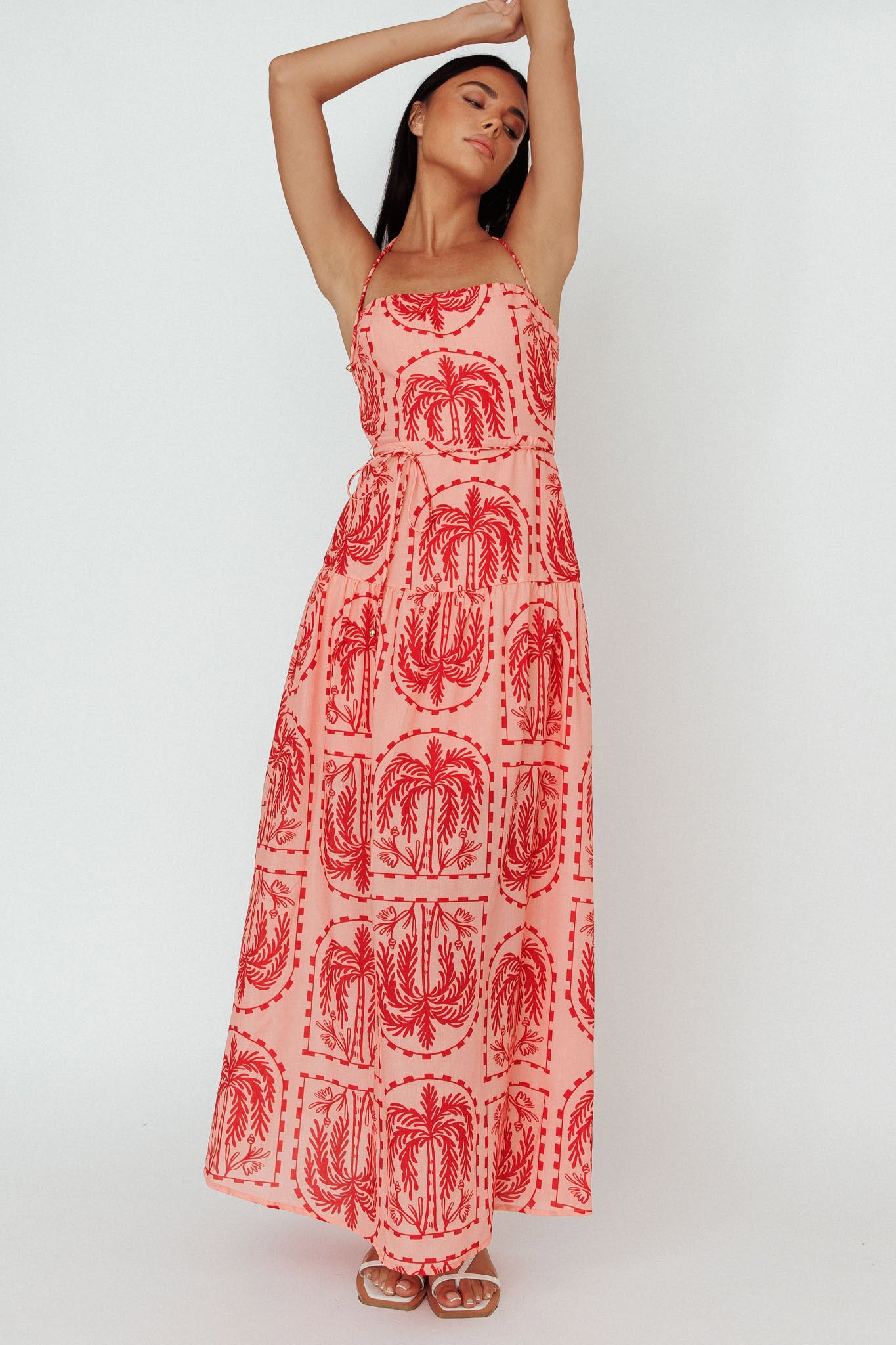 Natasia Halterneck Maxi Dress Palm Print Red by Selfie Leslie Australia