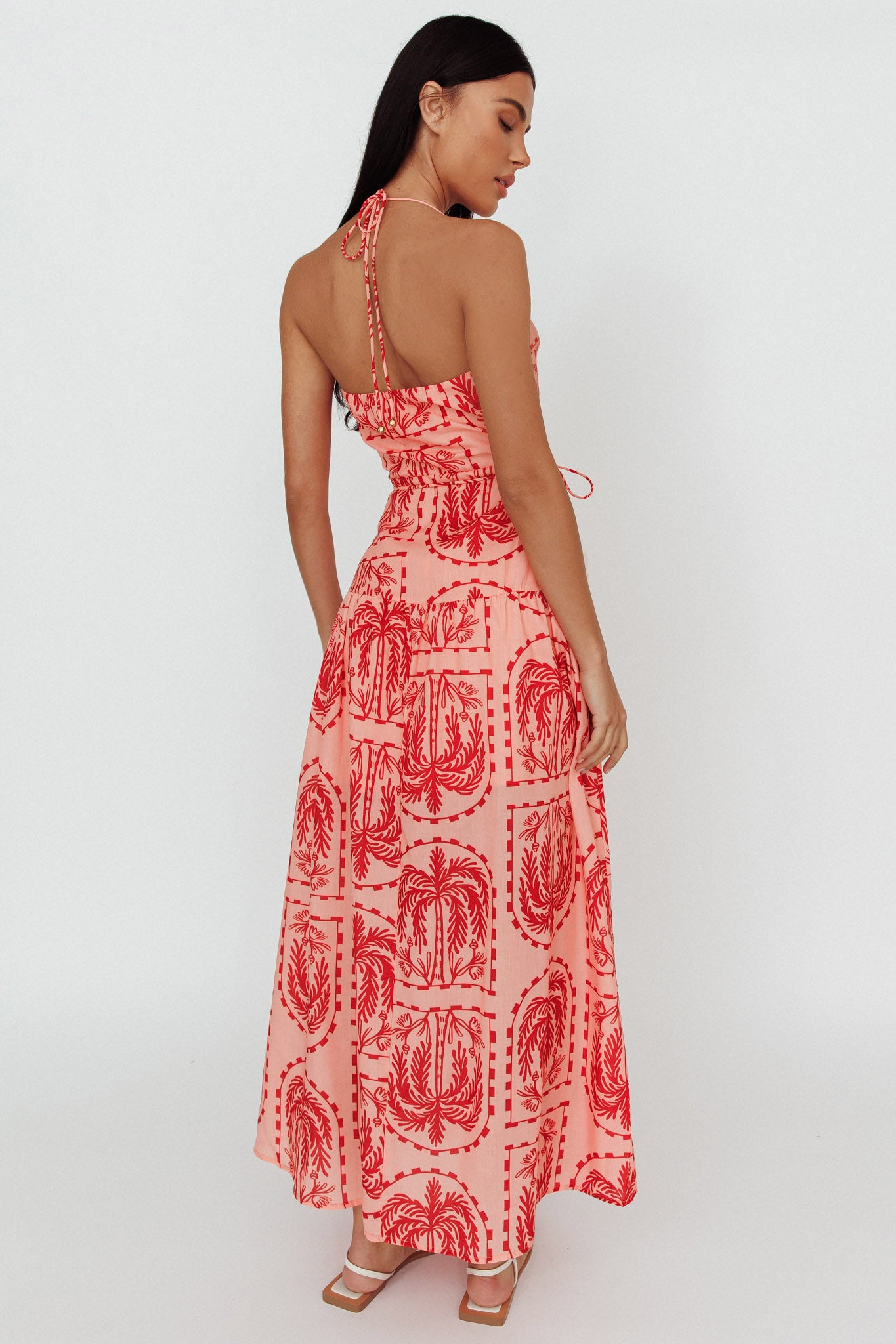 Natasia Halterneck Maxi Dress Palm Print Red by Selfie Leslie Australia