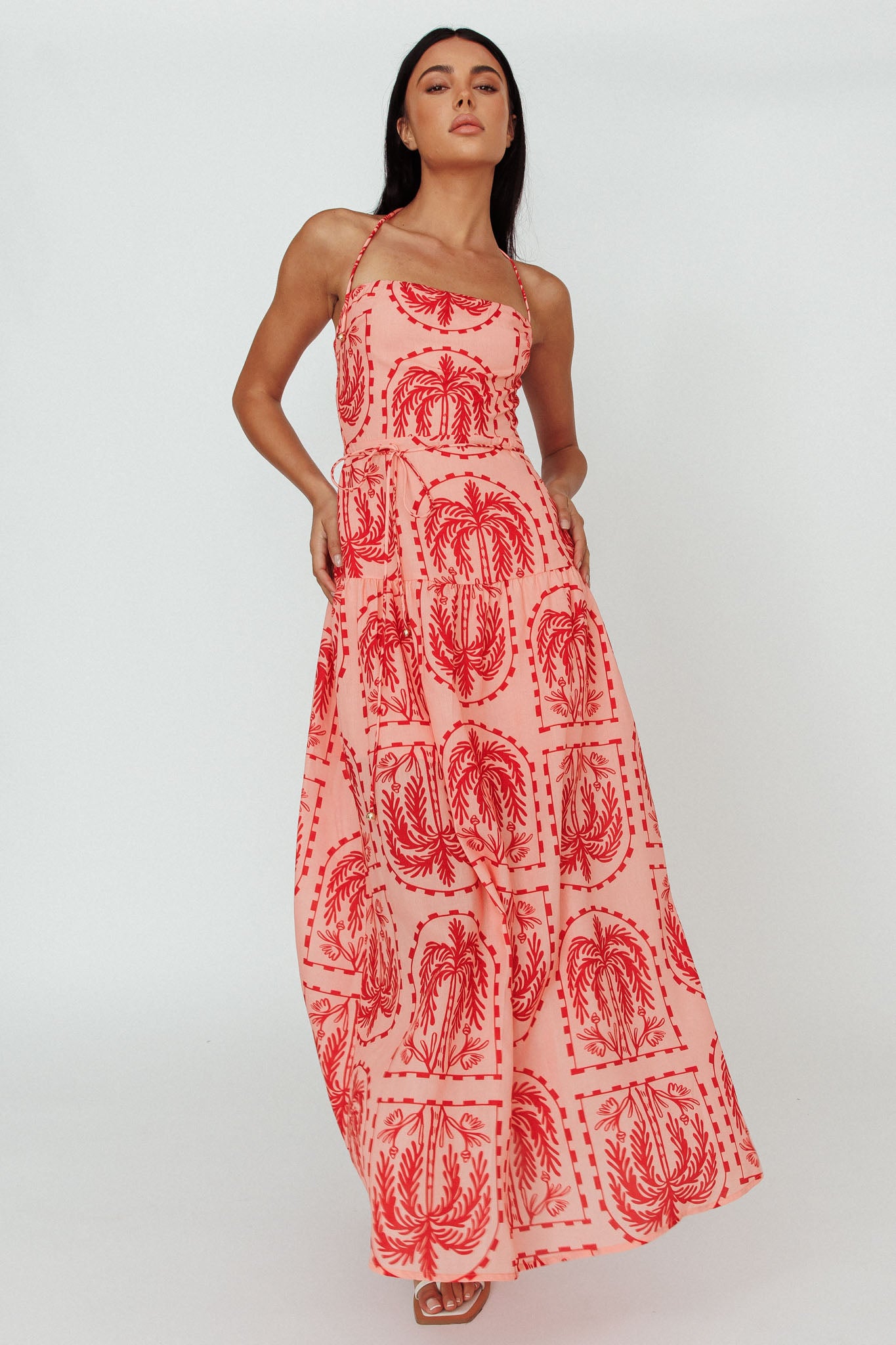 Natasia Halterneck Maxi Dress Palm Print Red by Selfie Leslie Australia