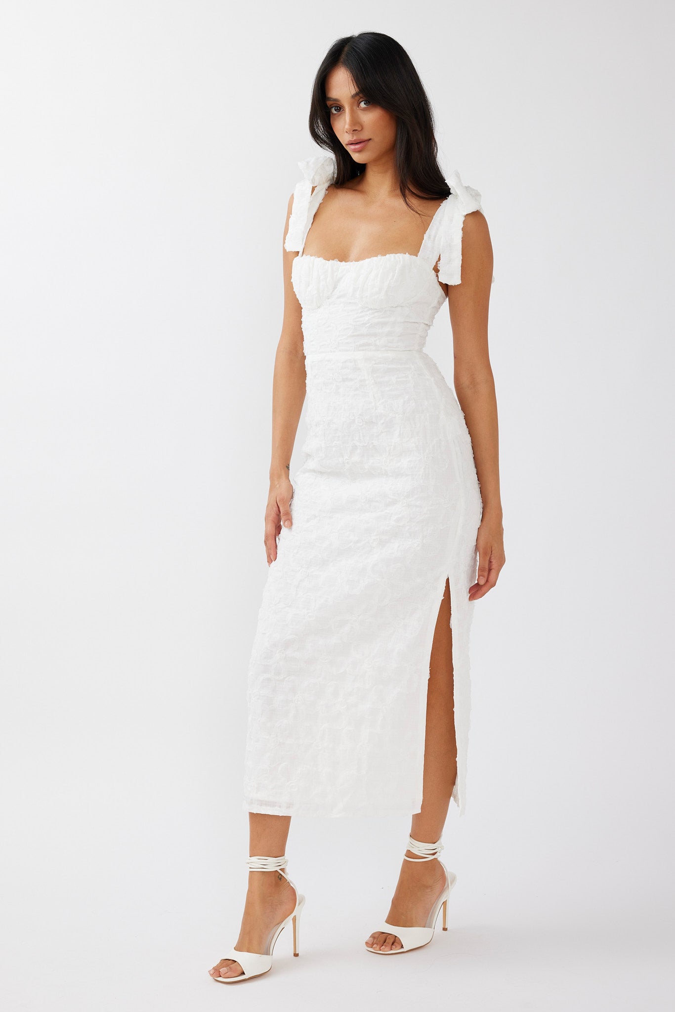 Cupid Tied Shoulder Embellished Midi Dress White by Selfie Leslie Australia