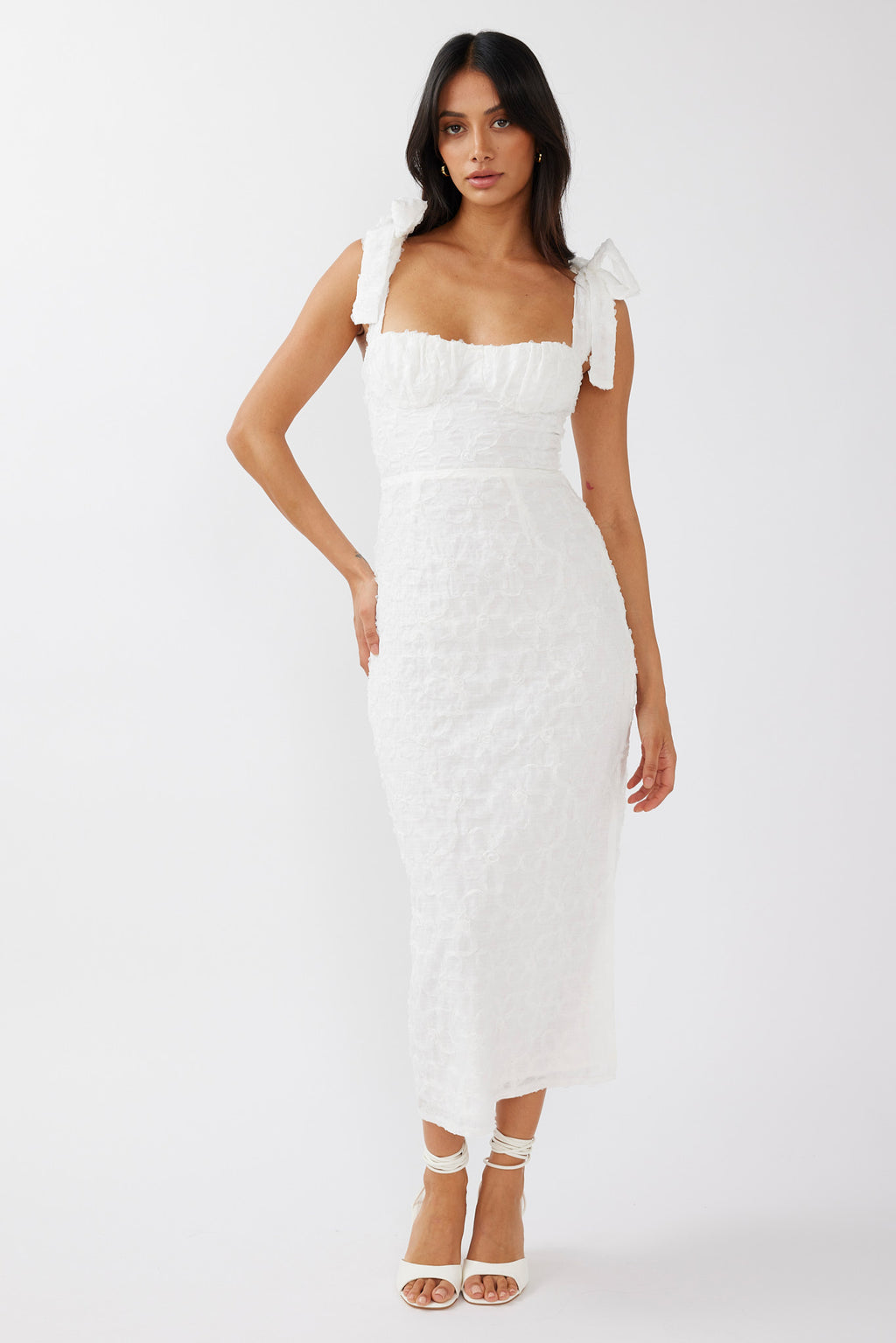 Cupid Tied Shoulder Embellished Midi Dress White by Selfie Leslie Australia