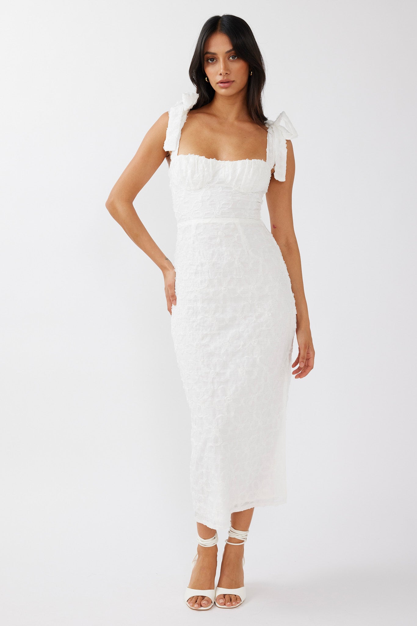 Cupid Tied Shoulder Embellished Midi Dress White by Selfie Leslie Australia